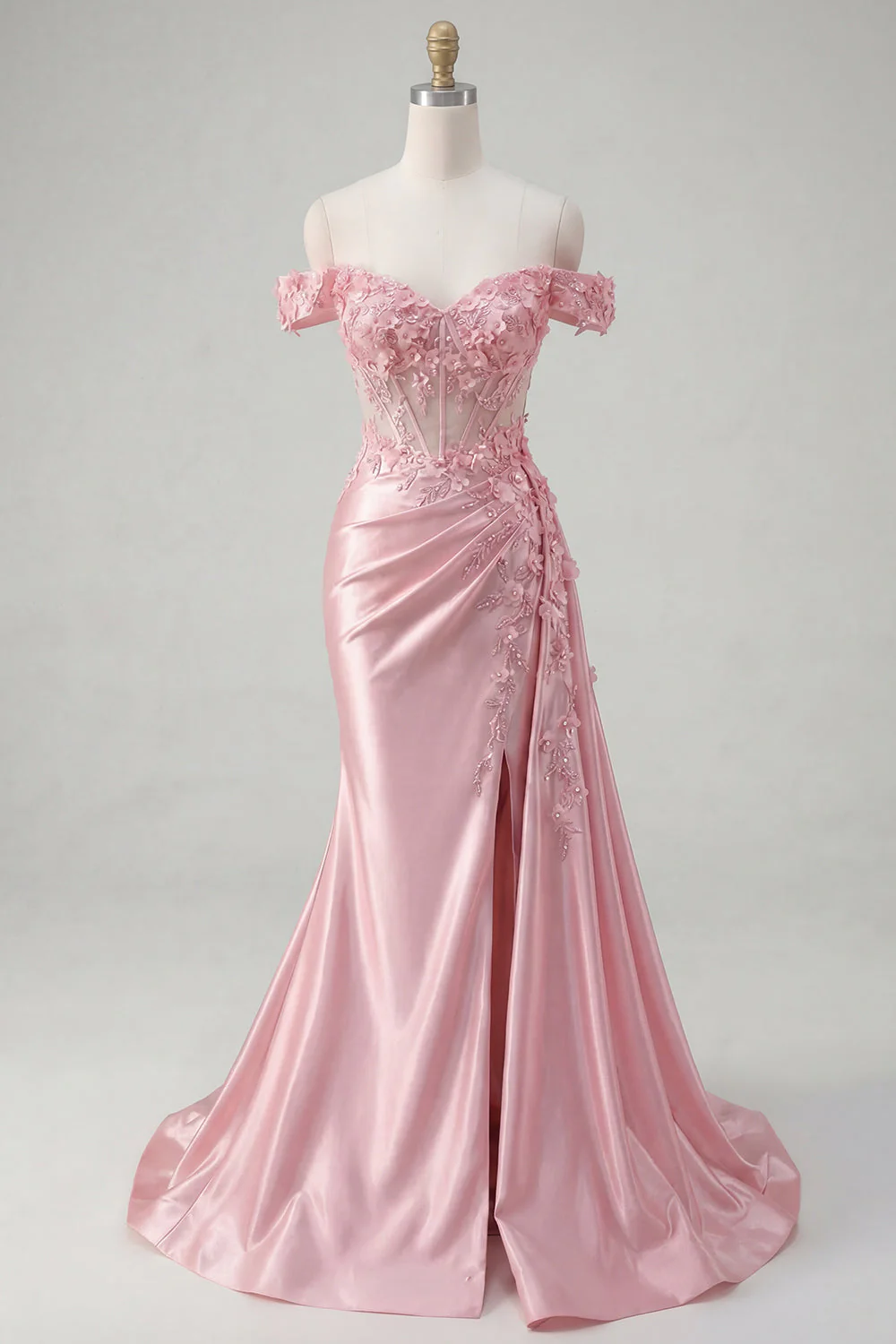 Corset sirène rose transparent décollant des épaules, longue robe de bal avec fente