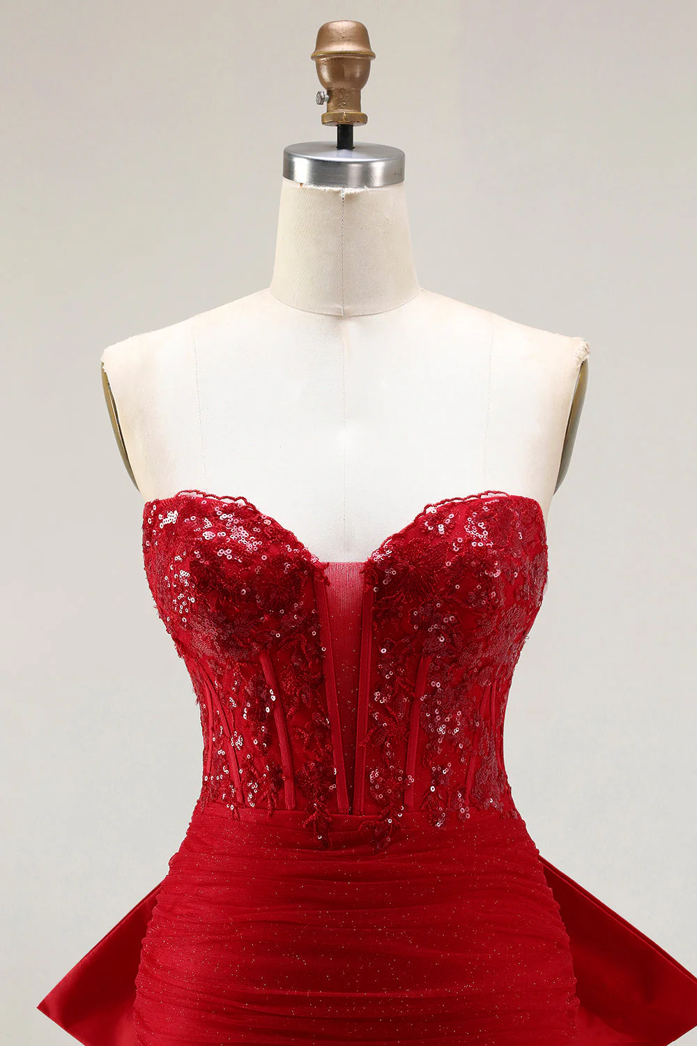 Corset sirène rouge pailleté Sweetheart Sequins robe longue de bal froncée avec nœud - Image 4