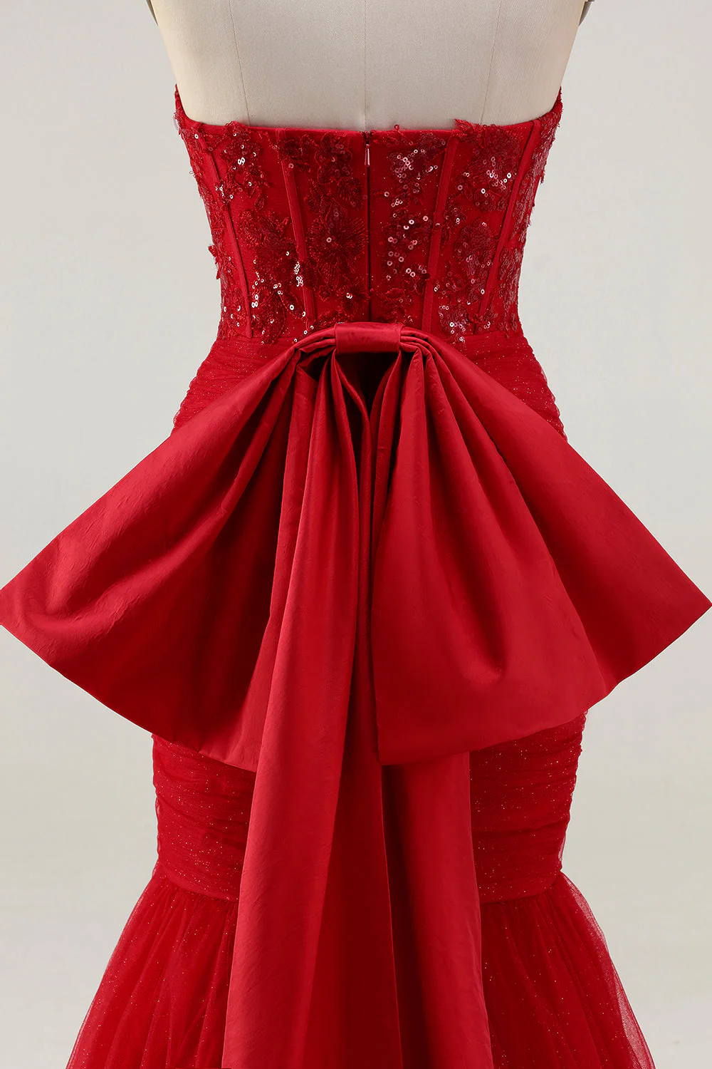 Corset sirène rouge pailleté Sweetheart Sequins robe longue de bal froncée avec nœud - Image 5