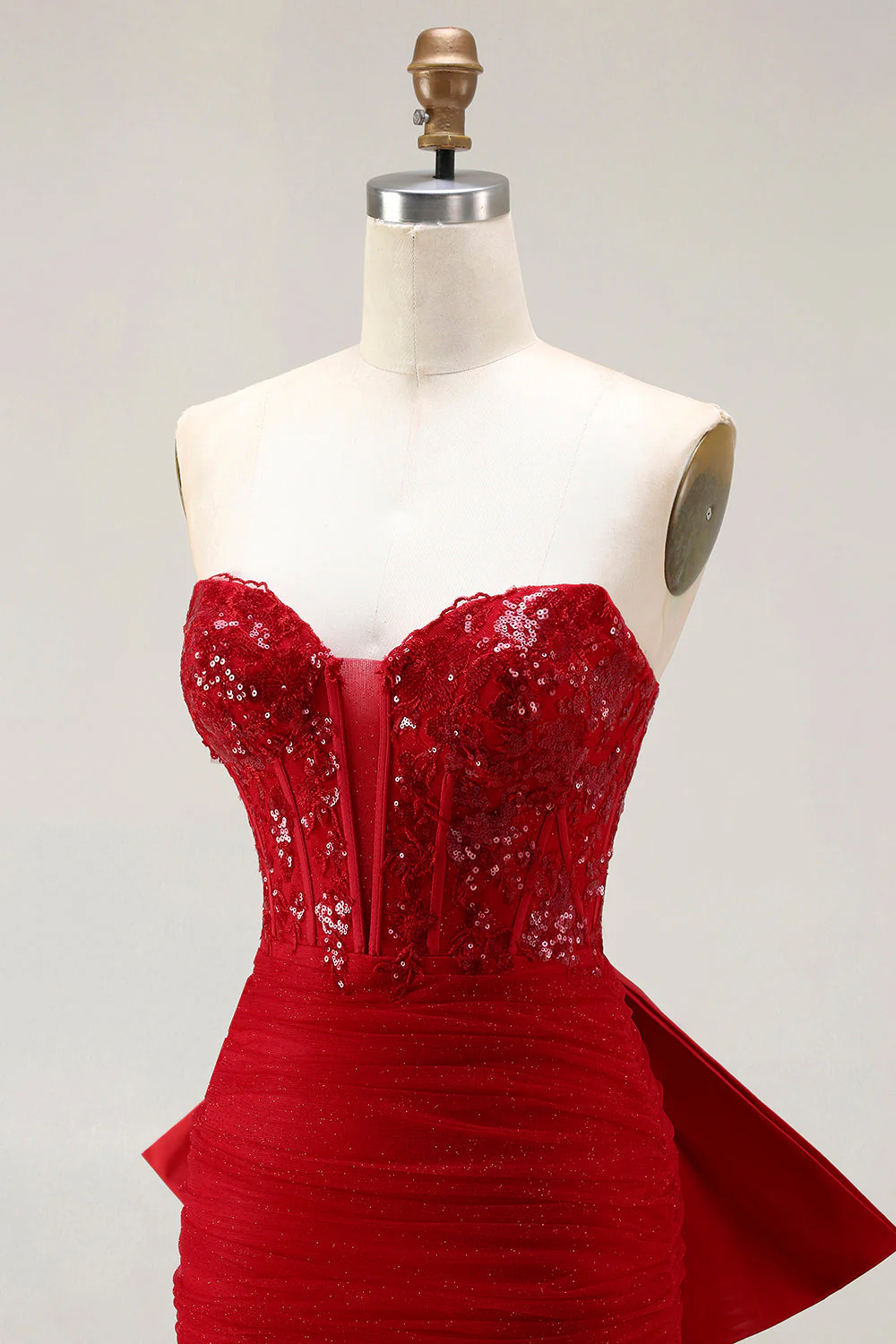Corset sirène rouge pailleté Sweetheart Sequins robe longue de bal froncée avec nœud - Image 6