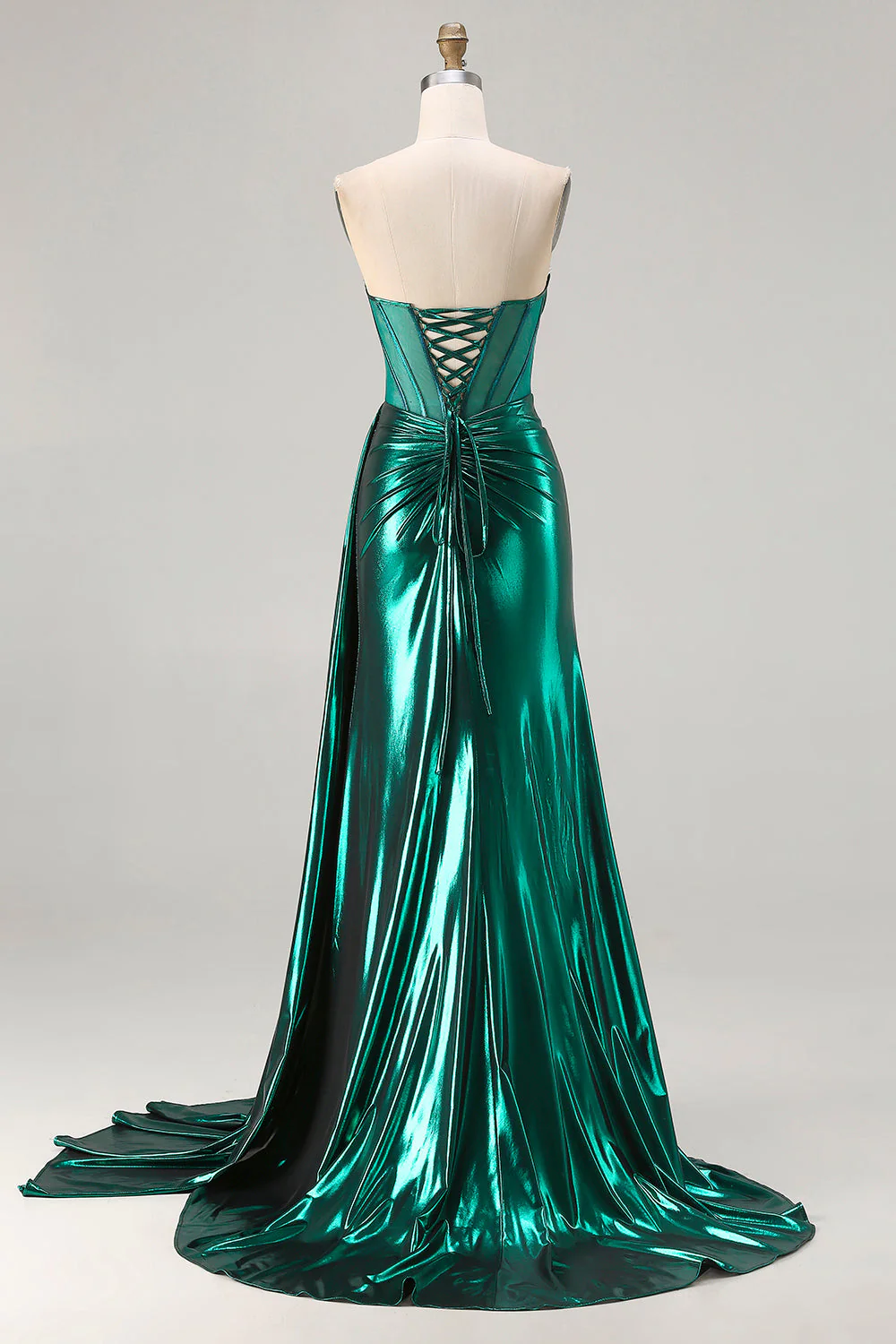 Robe de soirée sirène vert foncé sans bretelles métallique avec fente - Image 4