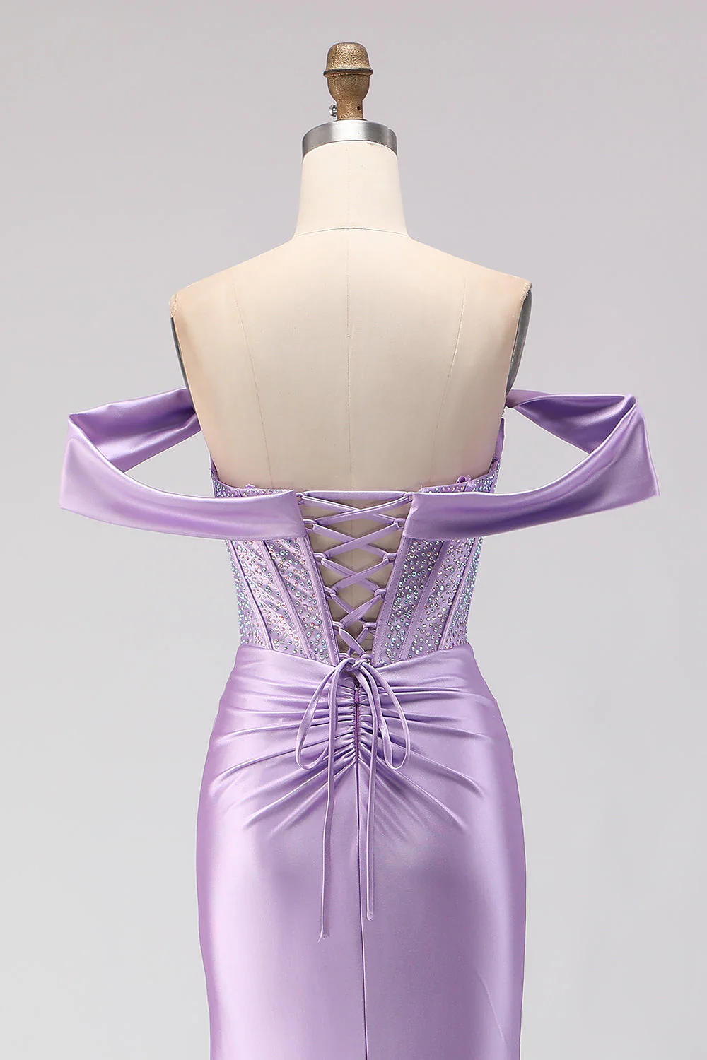 Corset sirène violette à épaules dénudées, longue robe de bal perlée et fendue - Image 5