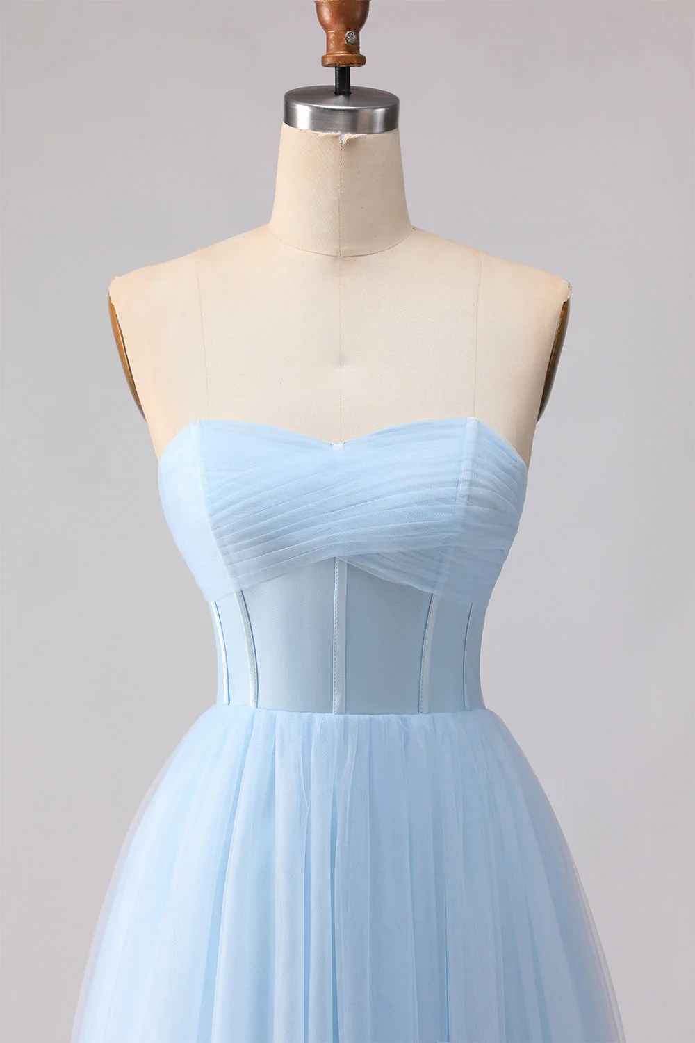 Robe de demoiselle d'honneur longue bleue en chiffon ligne A bustier sans bretelles - Image 4