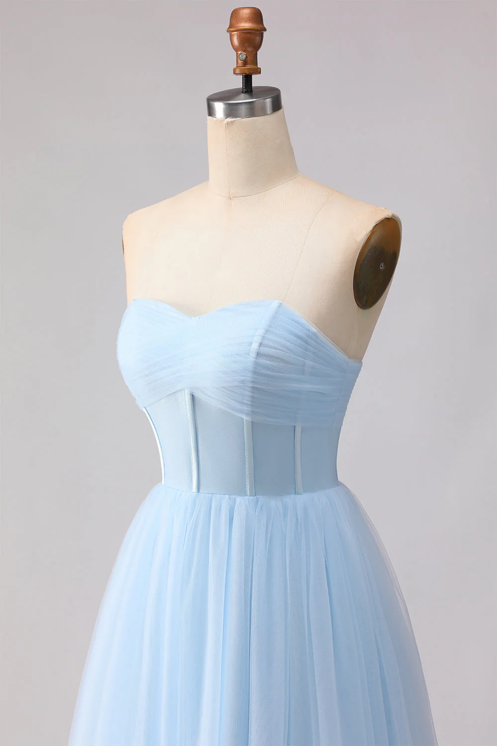 Robe de demoiselle d'honneur longue bleue en chiffon ligne A bustier sans bretelles - Image 6