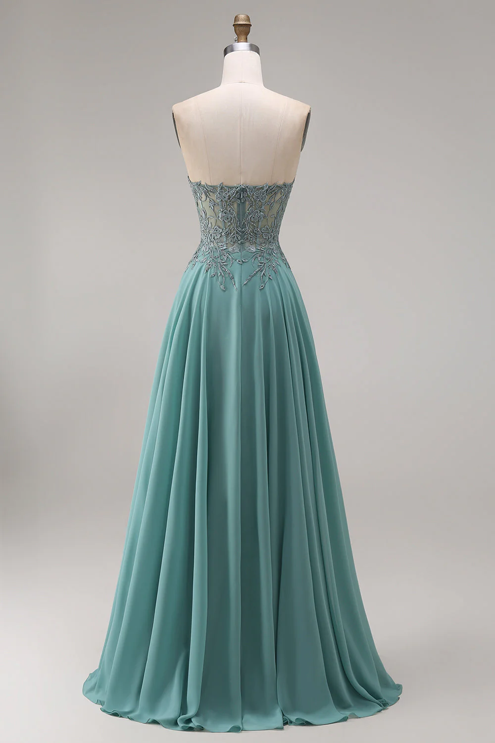Robe de bal longue eucalyptus ligne A bustier en chiffon cœur perlée appliquée avec fente - Image 2