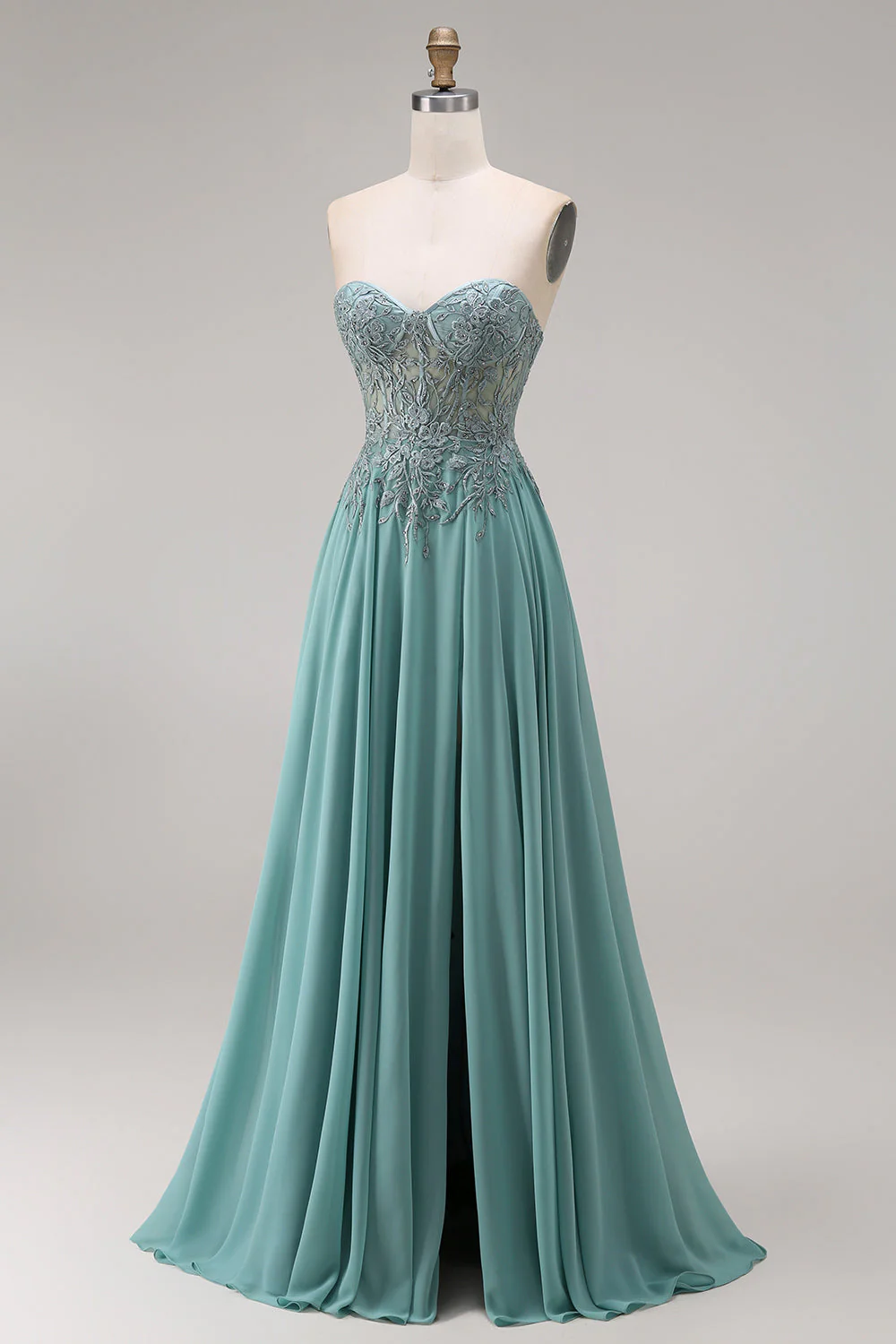 Robe de bal longue eucalyptus ligne A bustier en chiffon cœur perlée appliquée avec fente - Image 3