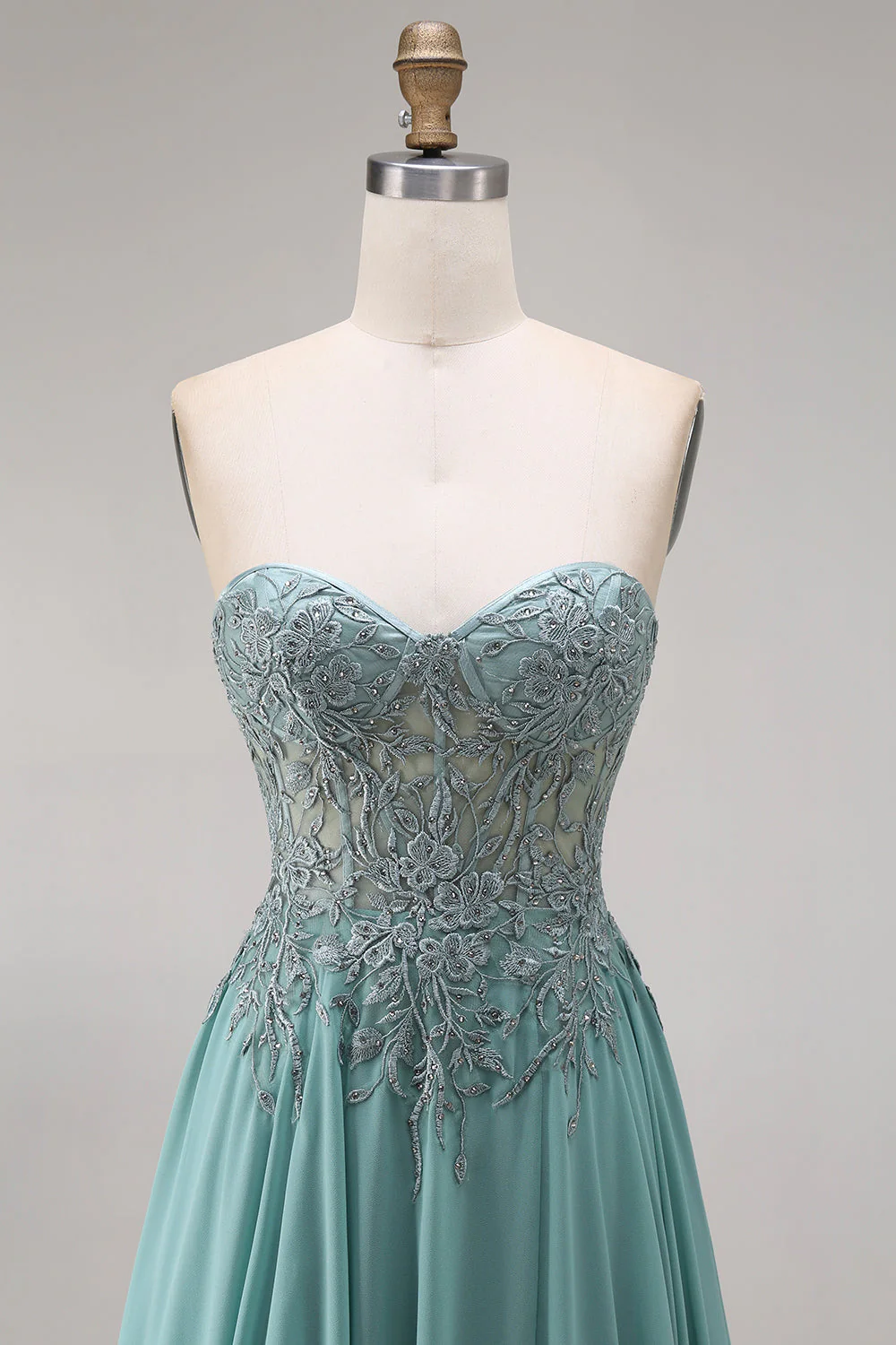 Robe de bal longue eucalyptus ligne A bustier en chiffon cœur perlée appliquée avec fente - Image 4