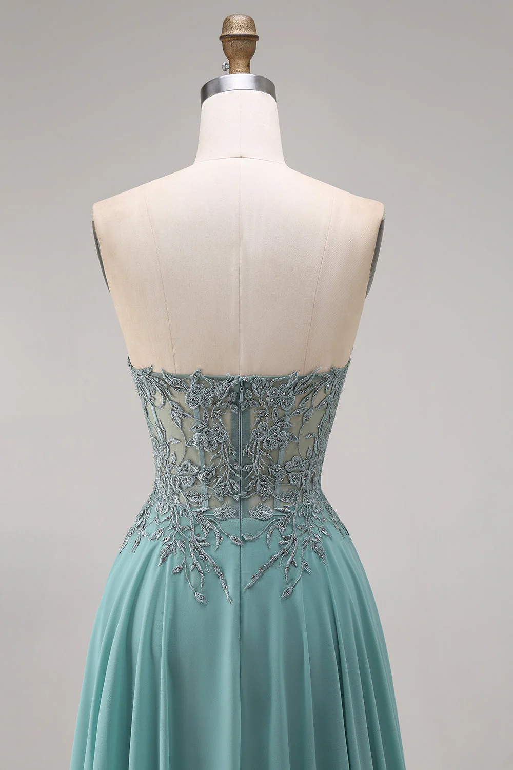 Robe de bal longue eucalyptus ligne A bustier en chiffon cœur perlée appliquée avec fente - Image 5
