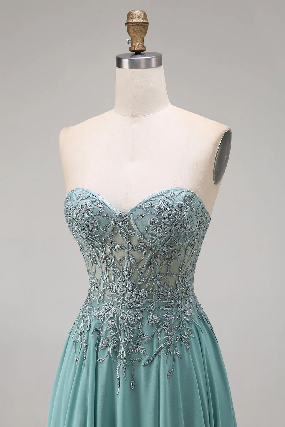 Robe de bal longue eucalyptus ligne A bustier en chiffon cœur perlée appliquée avec fente - Image 6