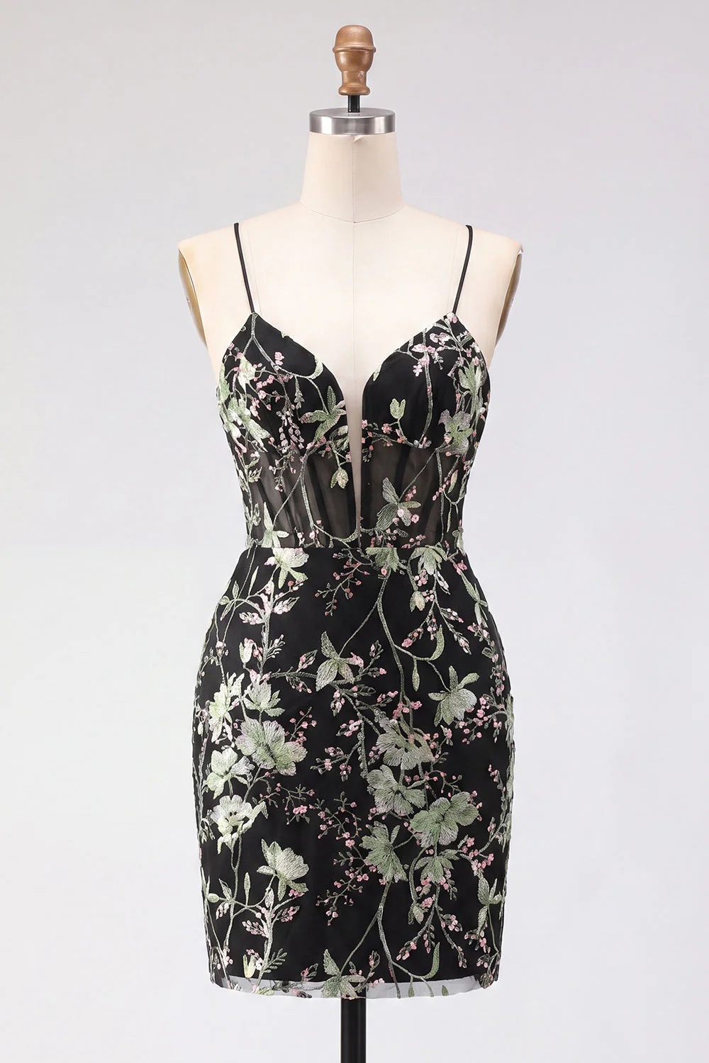 Corset transparent jaune bodycon, paillettes florales, robe courte de rentrée avec dentelle dans le dos - Image 13