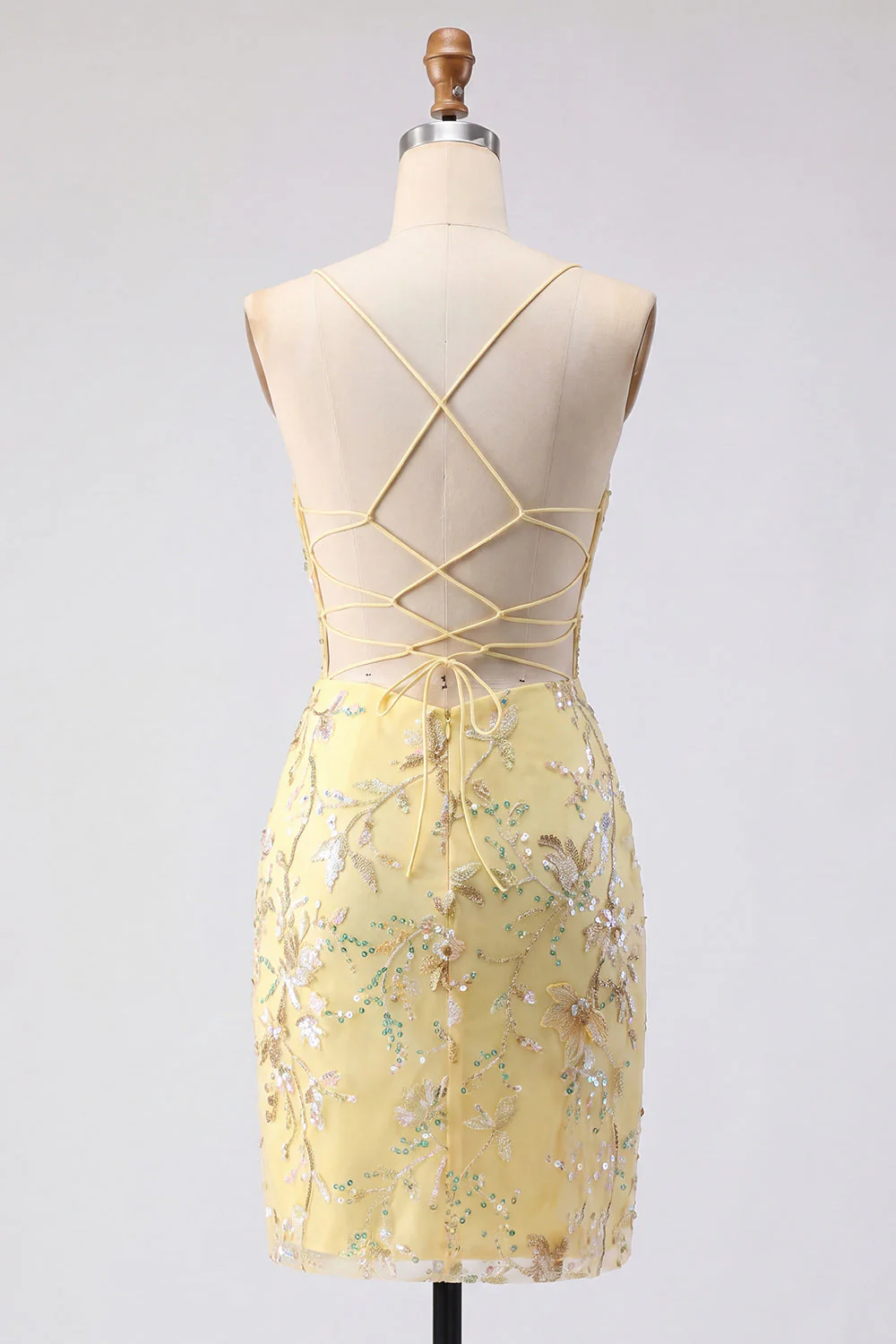 Corset transparent jaune bodycon, paillettes florales, robe courte de rentrée avec dentelle dans le dos - Image 2