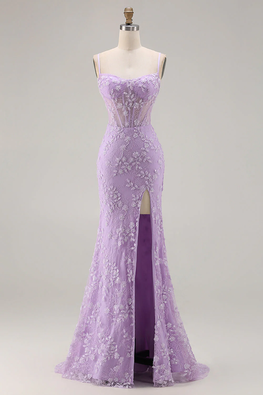 Corset transparent sirène violette à bretelles fines à bretelles en dentelle avec perles et longue robe de bal avec fente