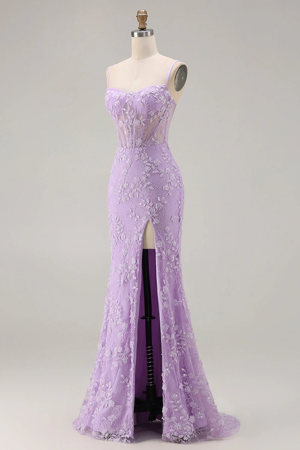 Corset transparent sirène violette à bretelles fines à bretelles en dentelle avec perles et longue robe de bal avec fente - Image 5