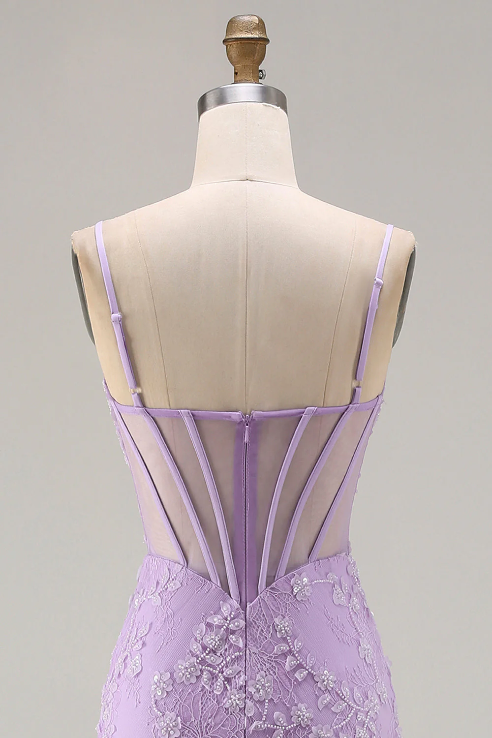Corset transparent sirène violette à bretelles fines à bretelles en dentelle avec perles et longue robe de bal avec fente - Image 7