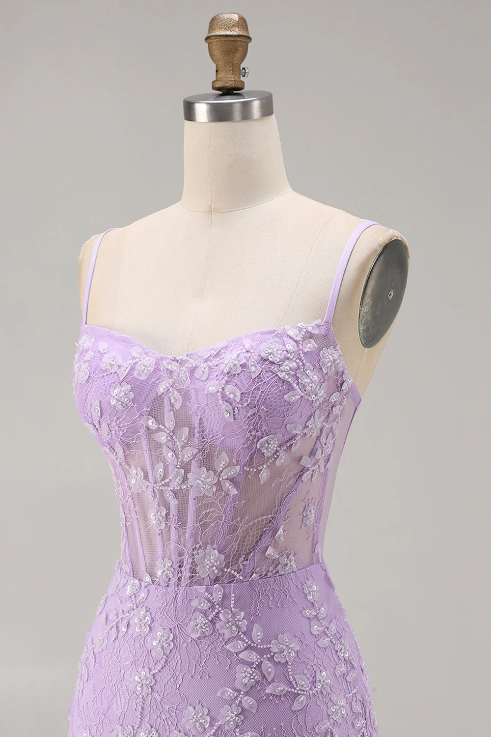 Corset transparent sirène violette à bretelles fines à bretelles en dentelle avec perles et longue robe de bal avec fente - Image 8