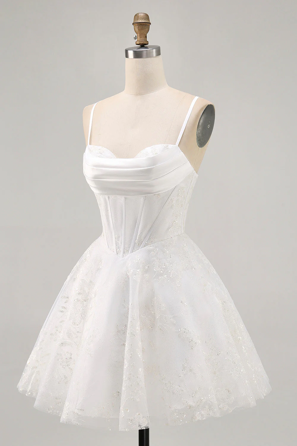 Robe de soirée trapèze blanche en satin bustier à bretelles fines avec appliques - Image 3