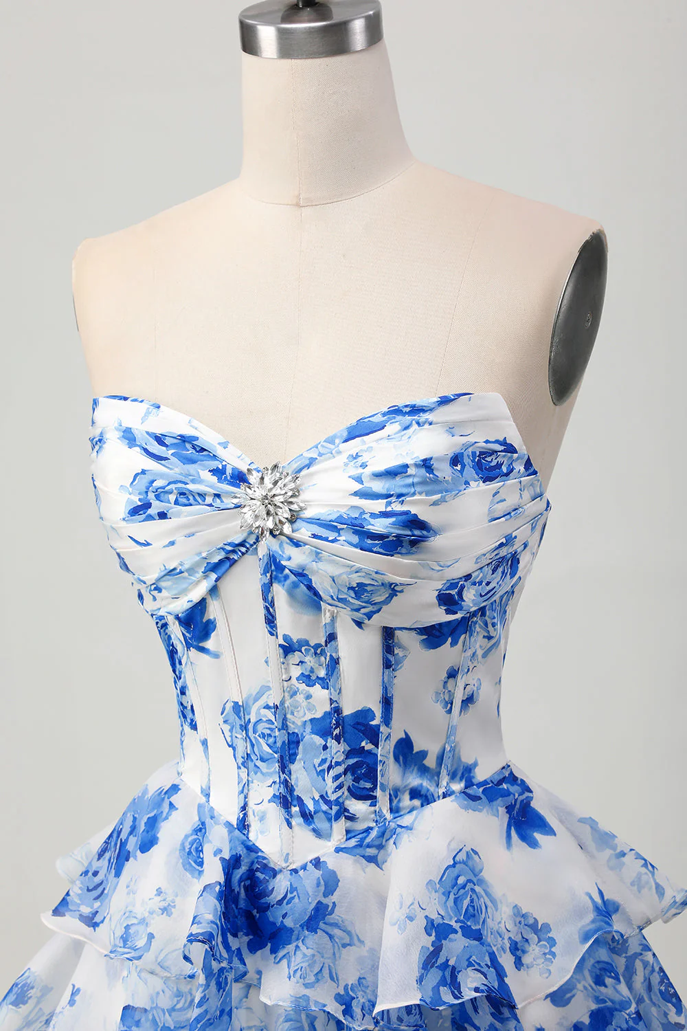 Corset trapèze sans bretelles à plusieurs niveaux Robe courte à fleurs fuchsia pour les retrouvailles - Image 12