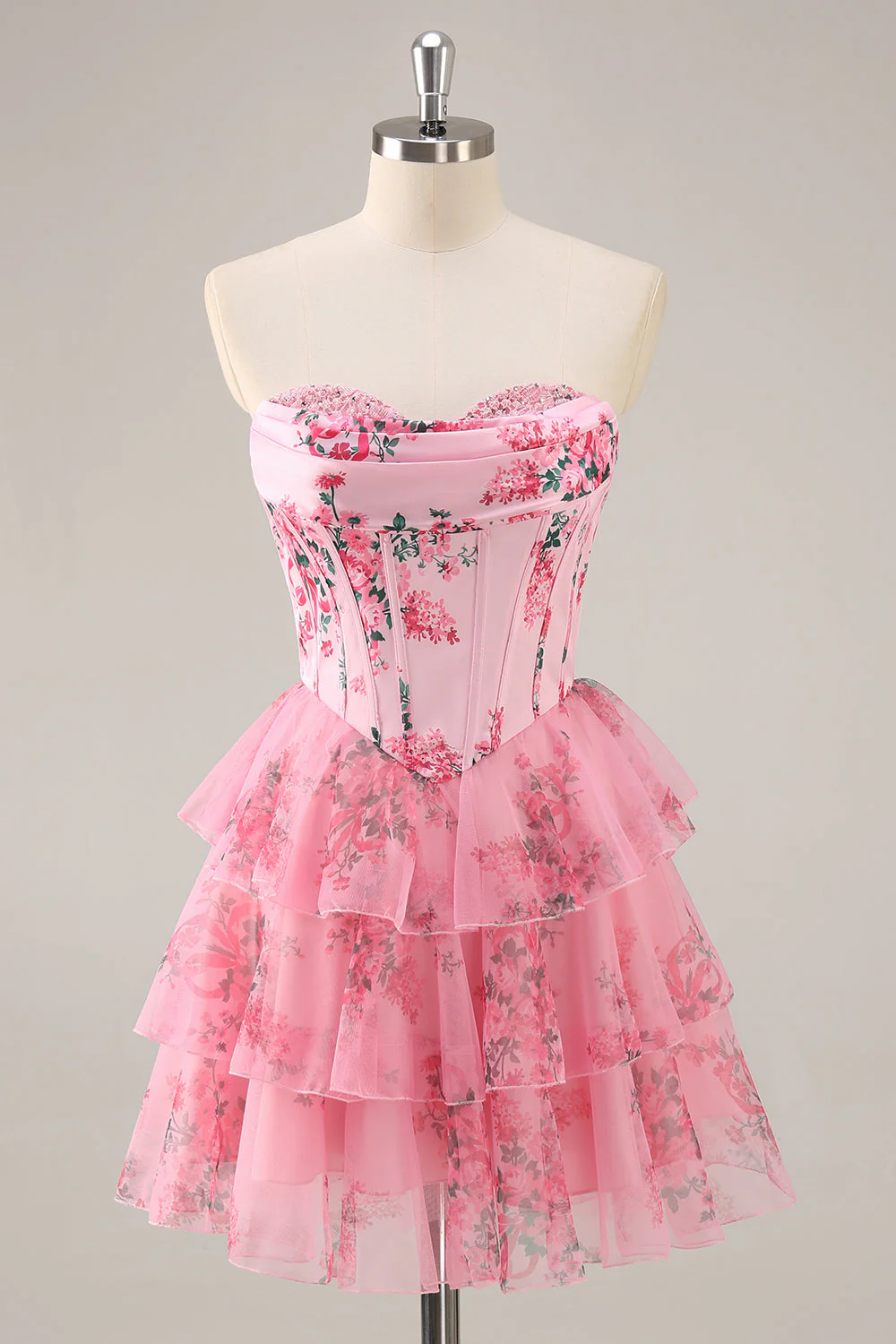 Corset trapèze sans bretelles à plusieurs niveaux Robe de cocktail à fleurs roses