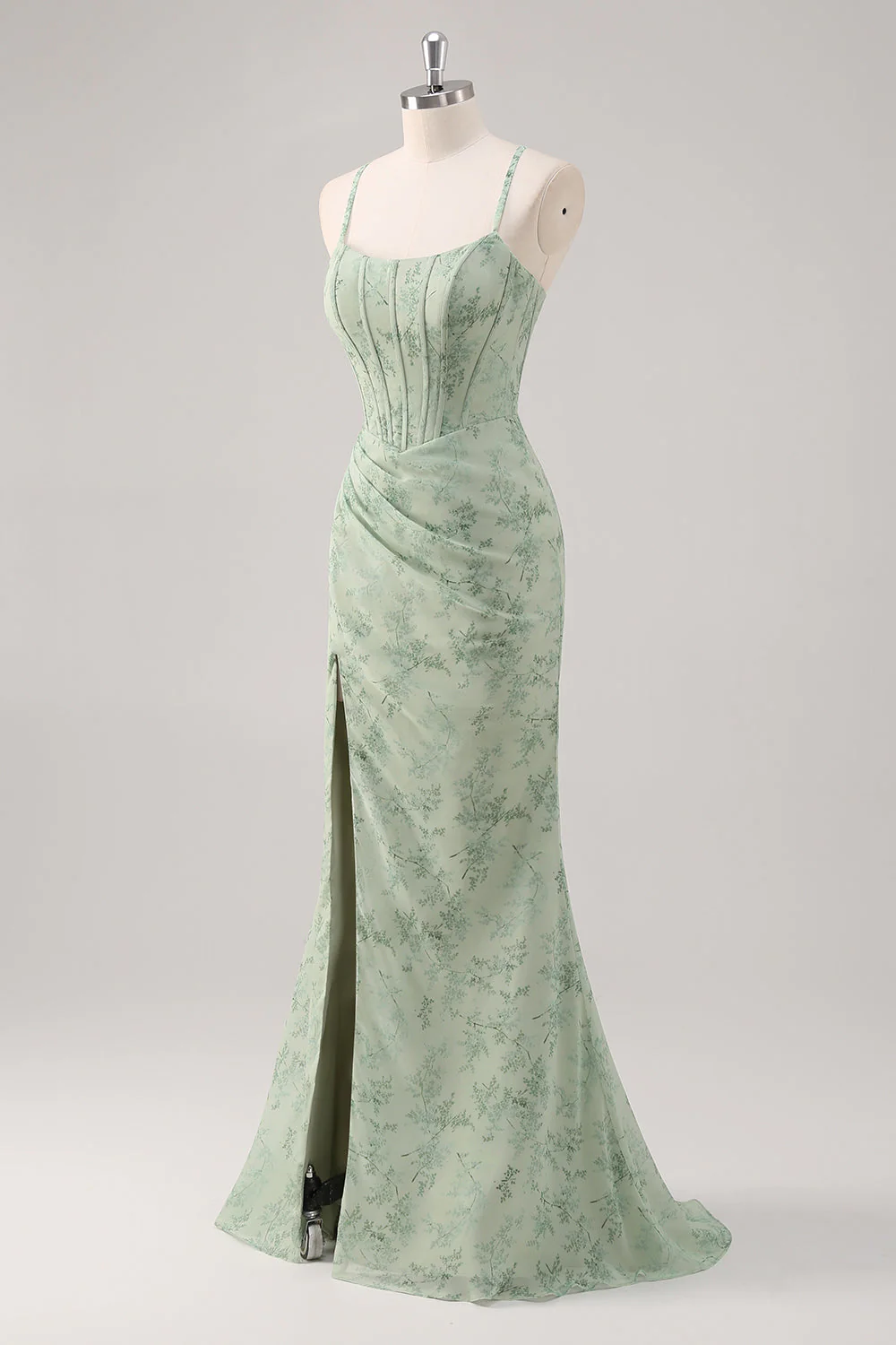Robe de demoiselle d’honneur sirène verte à corset avec dos lacé et fente motif fleuri - Image 3