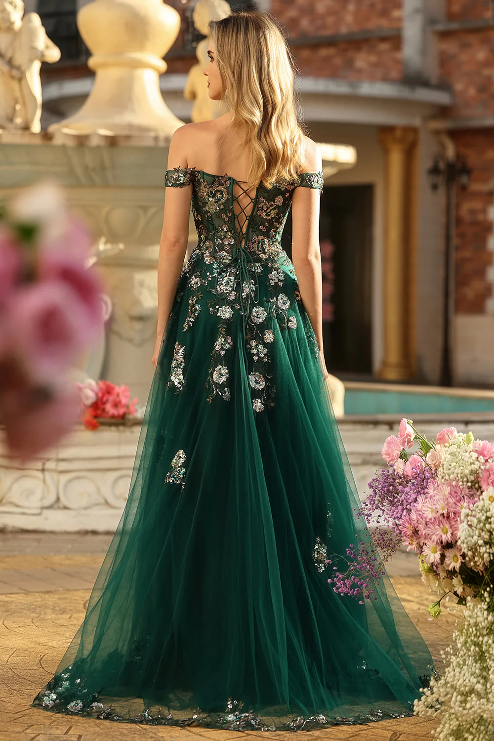 Robe de soirée longue vert foncé à épaules dénudées corset appliqué pailleté - Image 2