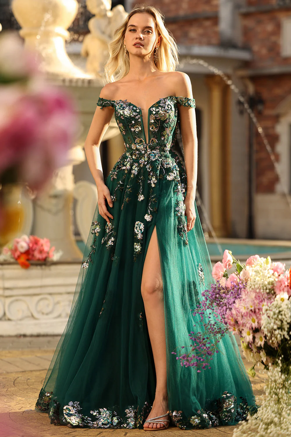 Robe de soirée longue vert foncé à épaules dénudées corset appliqué pailleté - Image 7