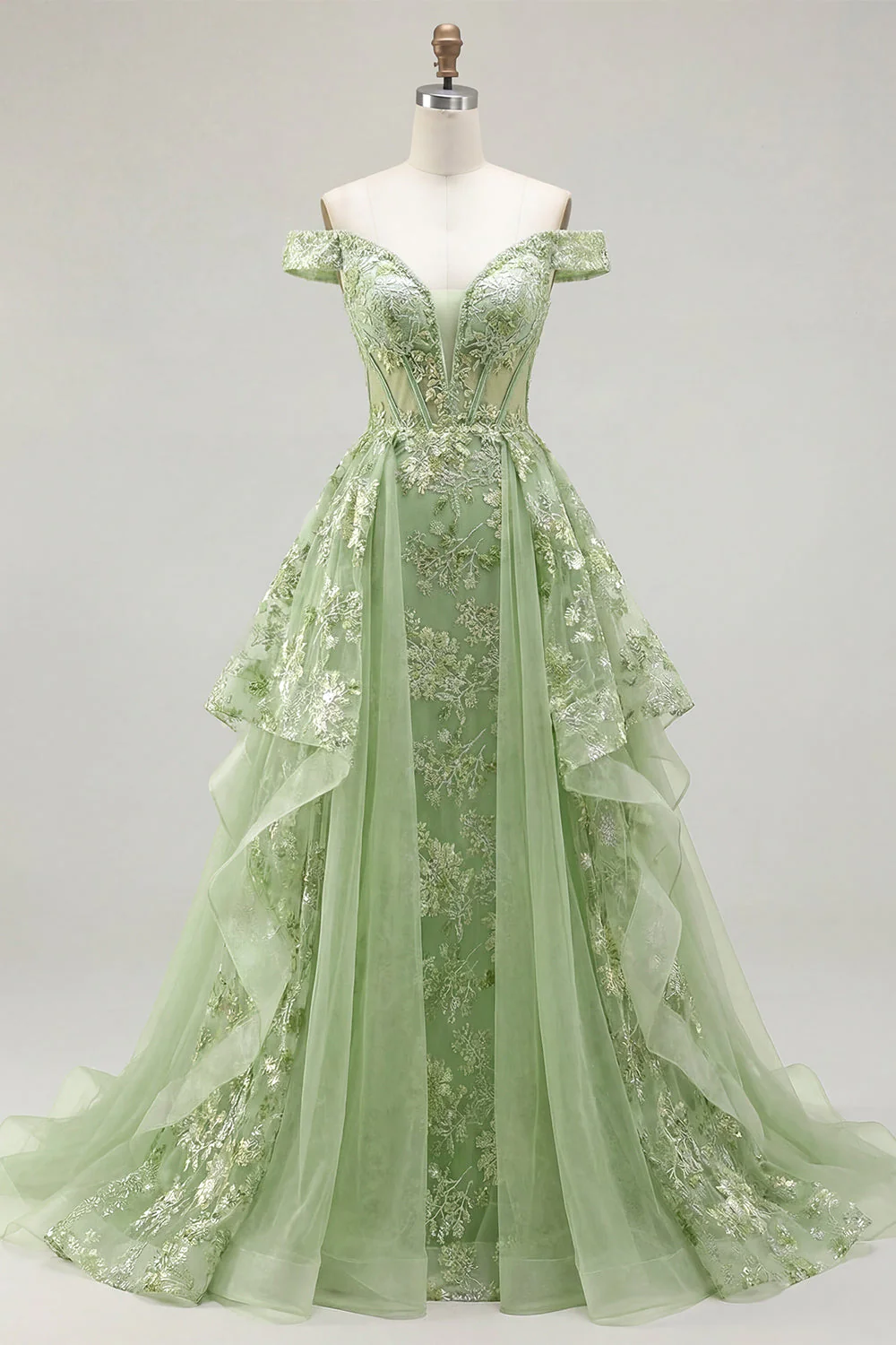 Corset vert pince à épaules dénudées, corset fleuri fleuri avec volants