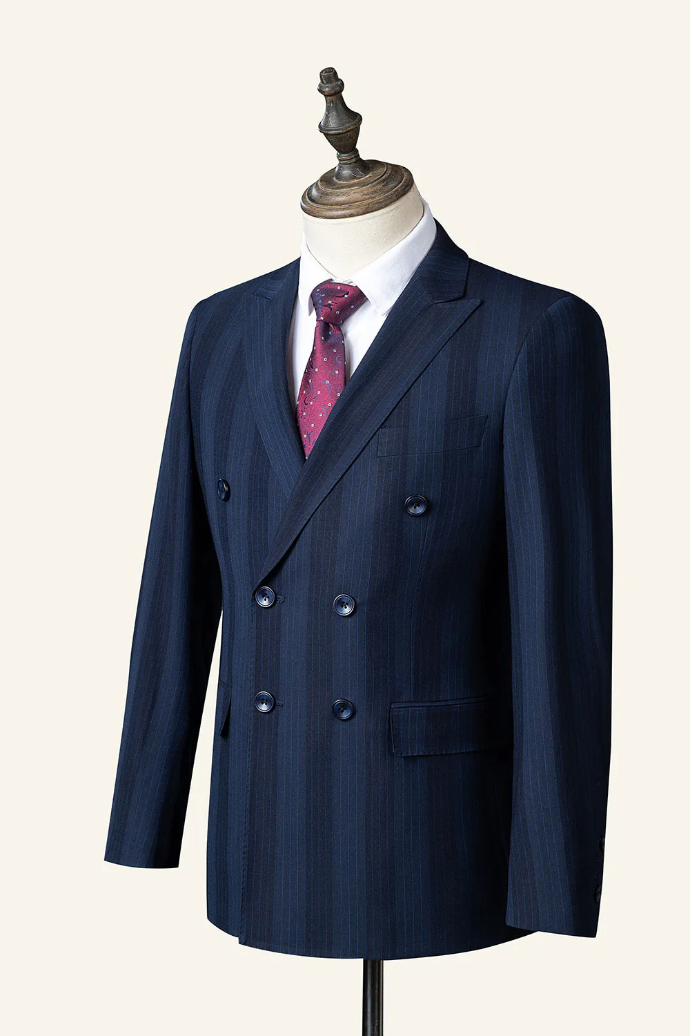 Costume 3 pièces à rayures bleu foncé double poitrine pour homme - Image 3