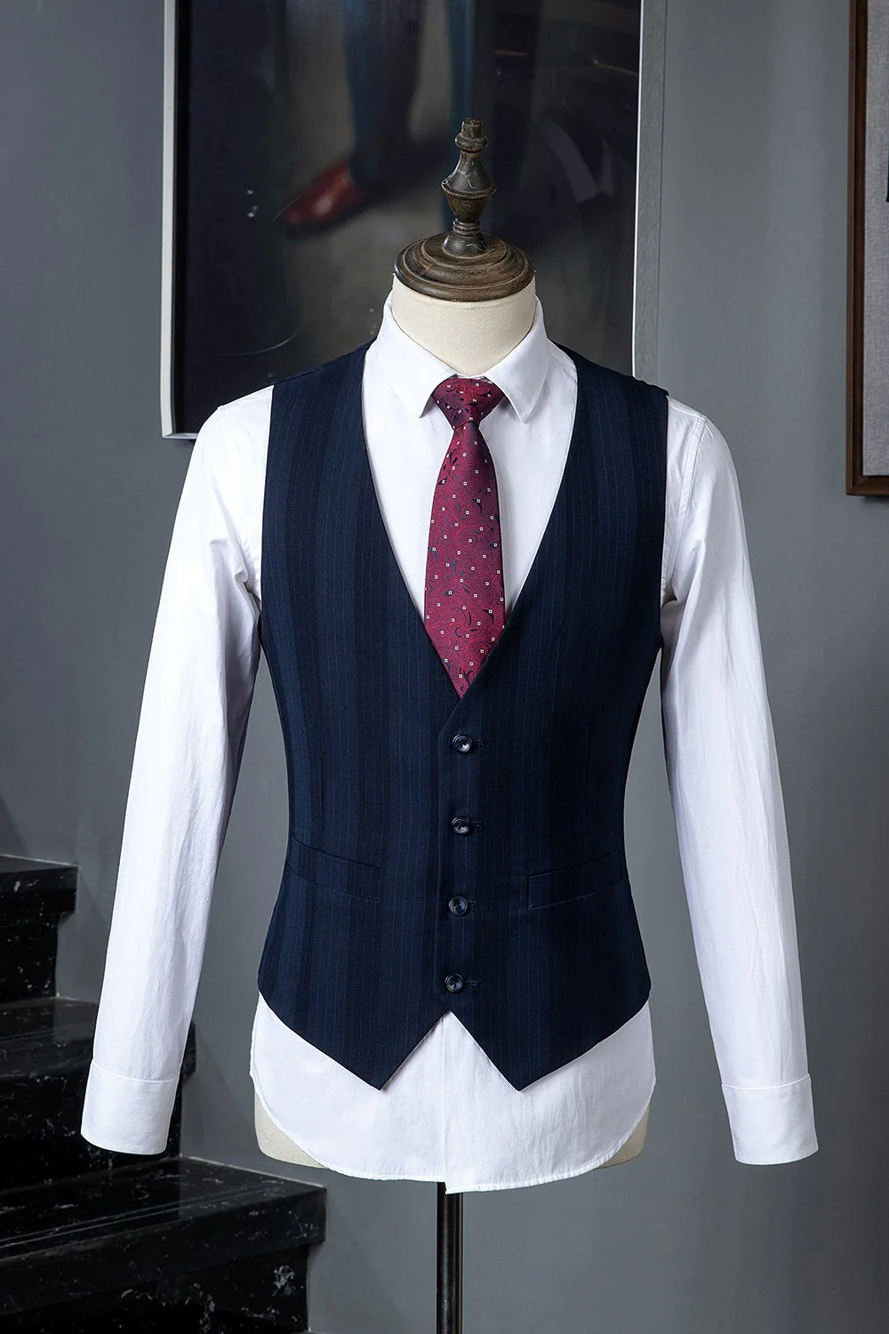 Costume 3 pièces à rayures bleu foncé double poitrine pour homme - Image 4