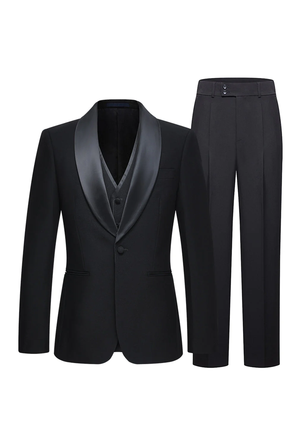 Costume 3 pièces châle revers un bouton noir pour hommes