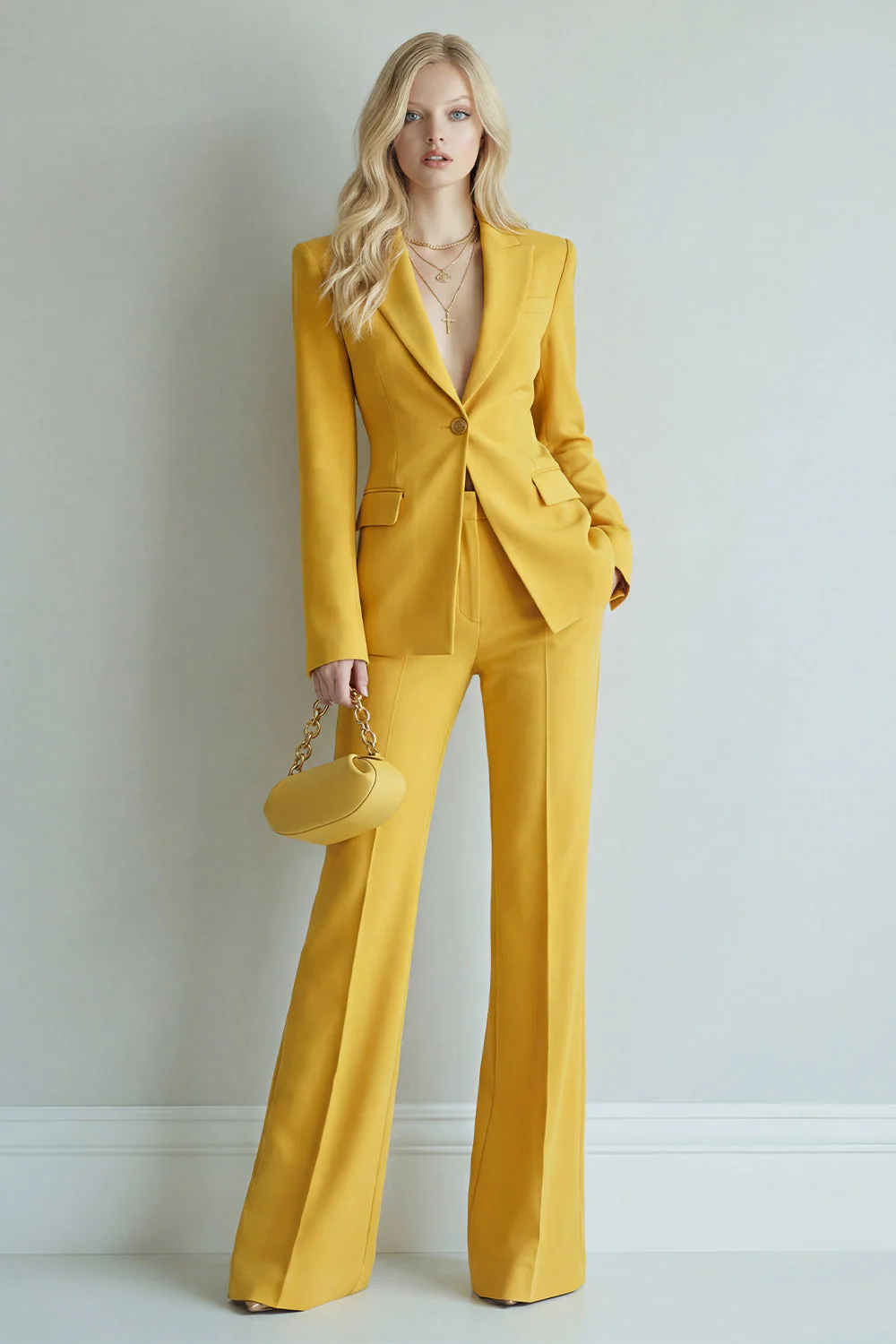Costume de bal Peak Lapel Jaune Slim Fit Un Bouton 2 pièces