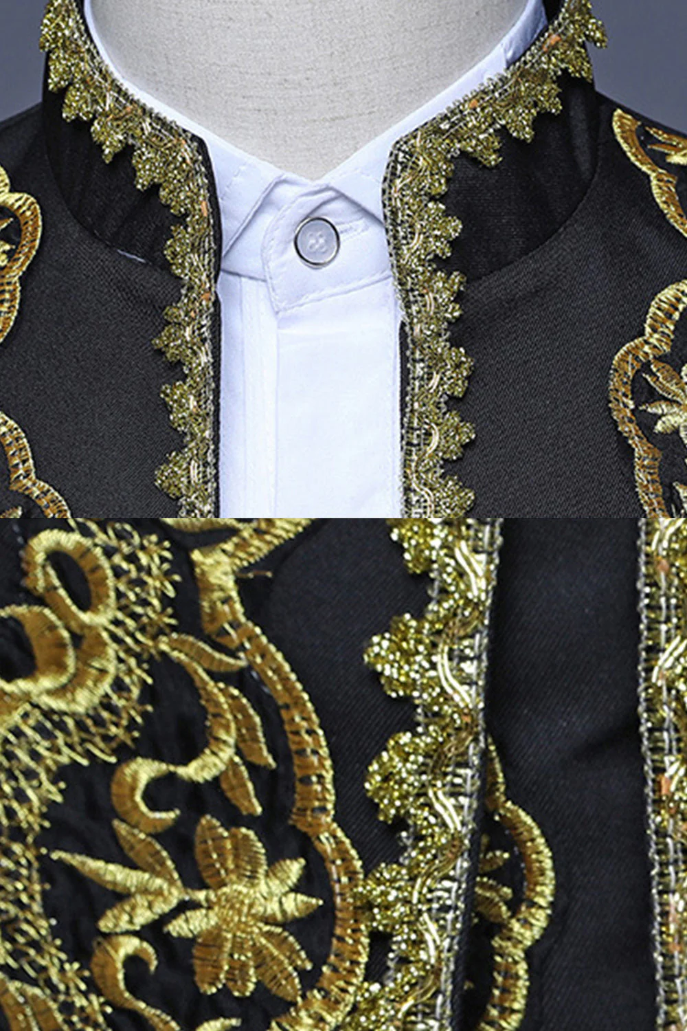 Costume trois pièces pour hommes à col collé dressé brodé à fleurs noires de style baroque - Image 5