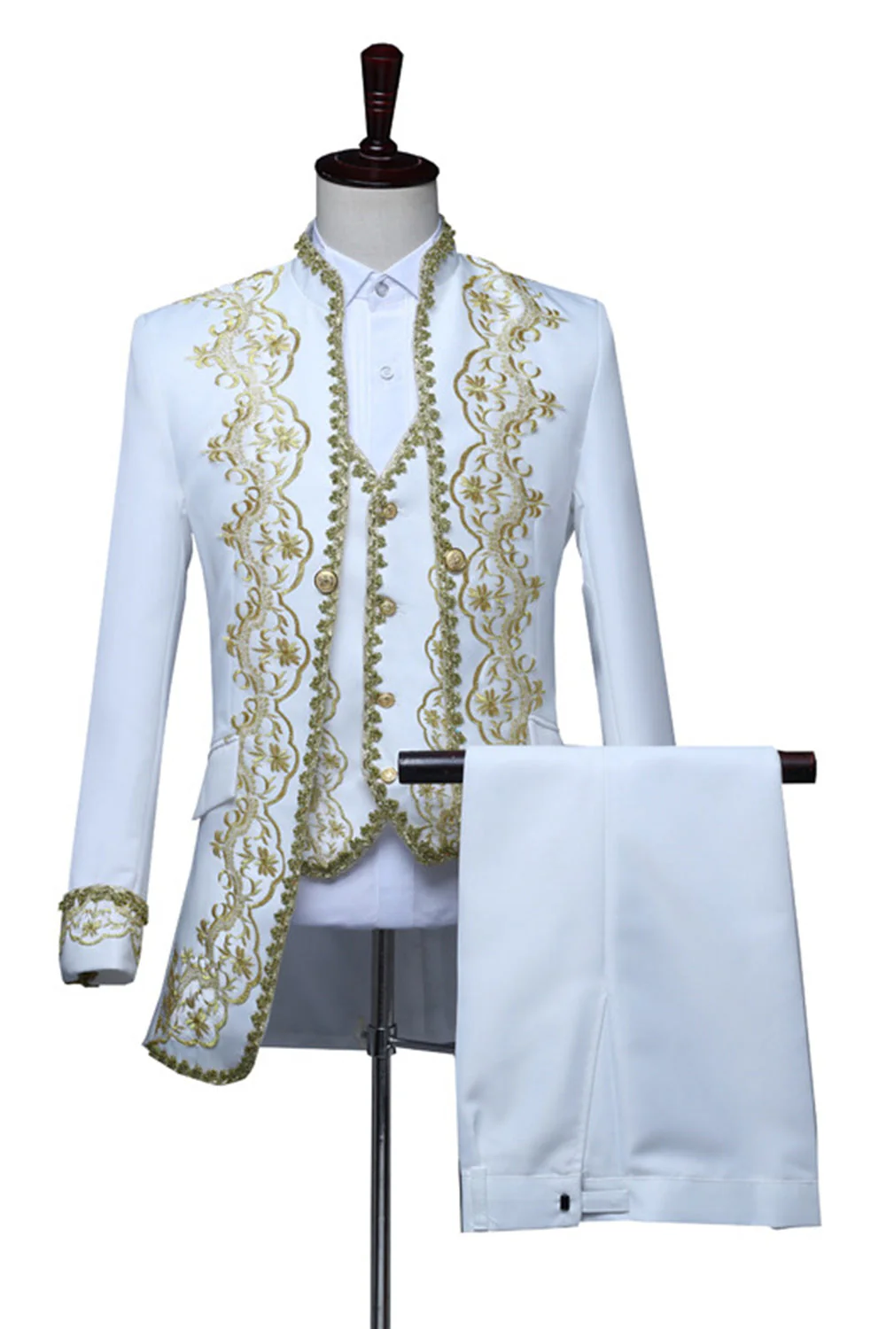 Costume trois pièces pour hommes à col collé dressé brodé à fleurs noires de style baroque - Image 6