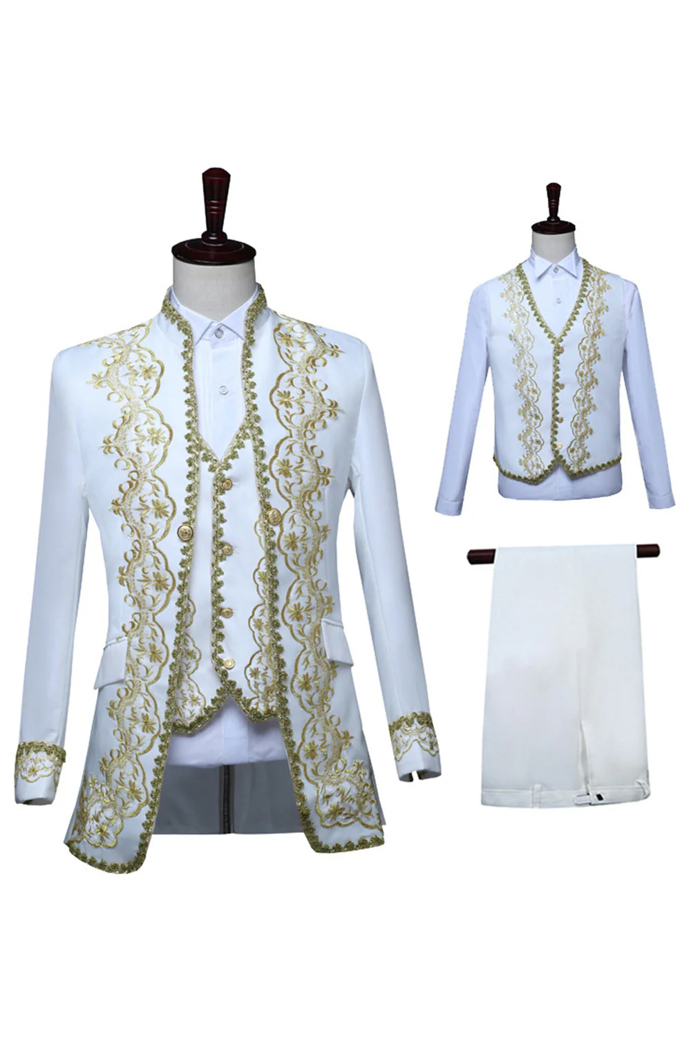 Costume trois pièces pour hommes à col collé dressé brodé à fleurs noires de style baroque - Image 8