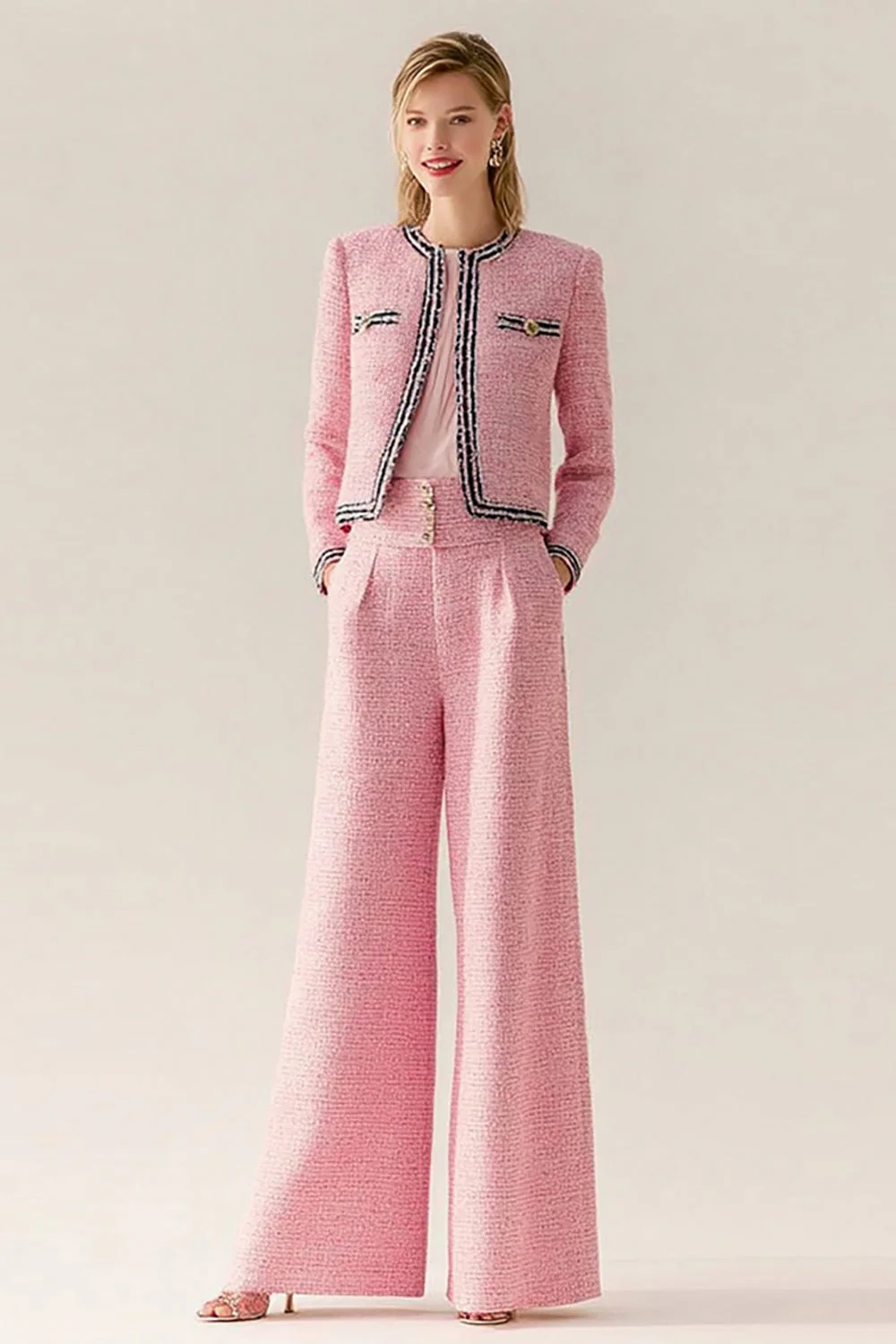 Costumes 2 pièces en tweed rose à manches longues pour femmes