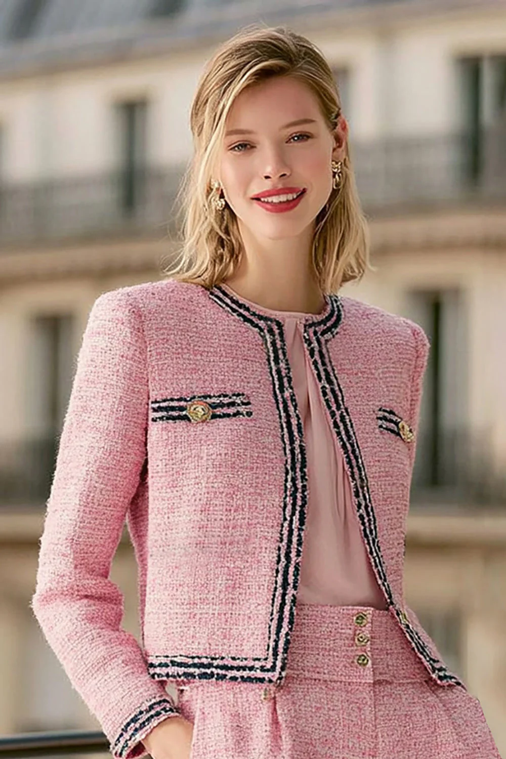 Costumes 2 pièces en tweed rose à manches longues pour femmes - Image 3