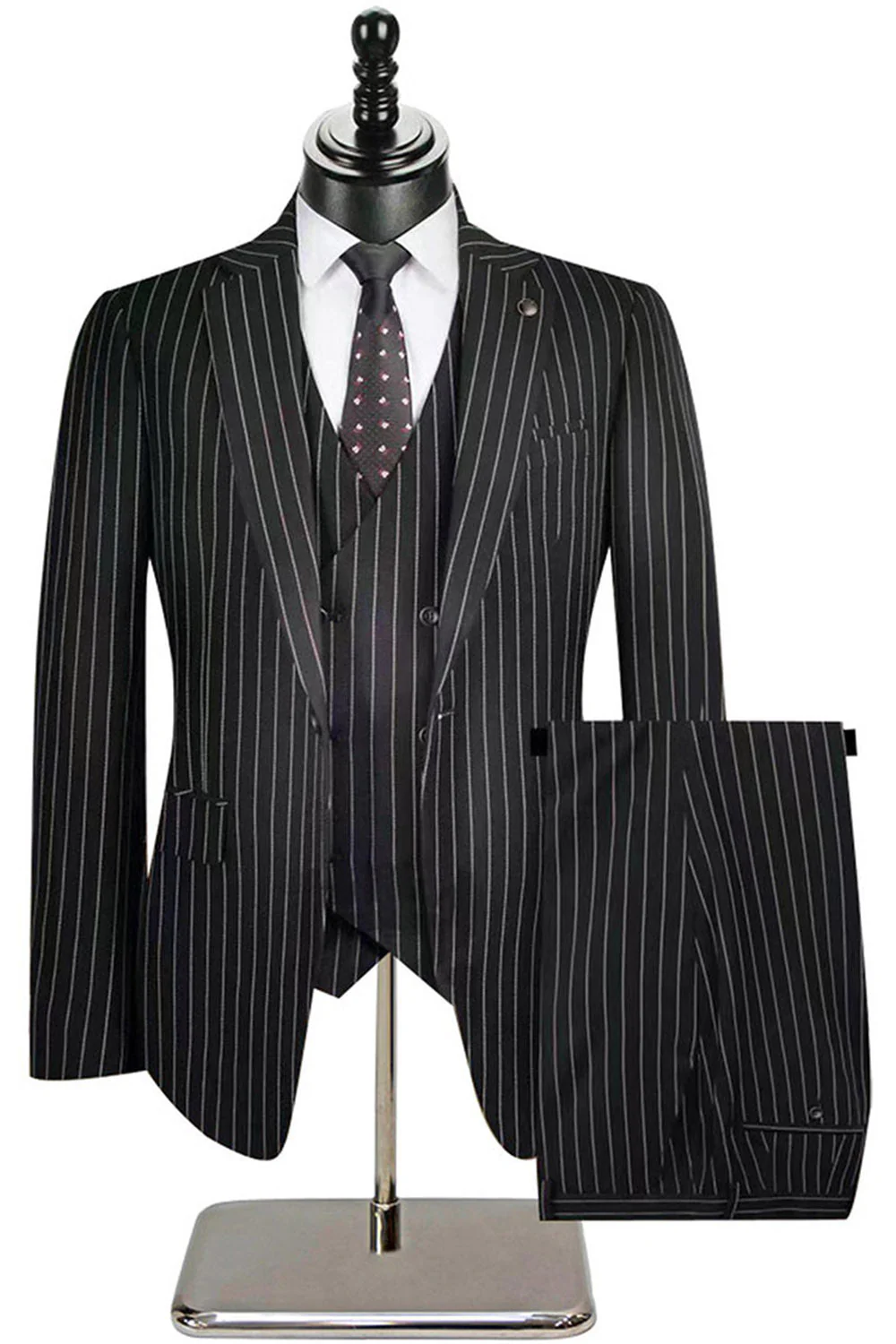 Costumes 3 pièces à revers crantés à rayures beiges pour hommes - Image 10