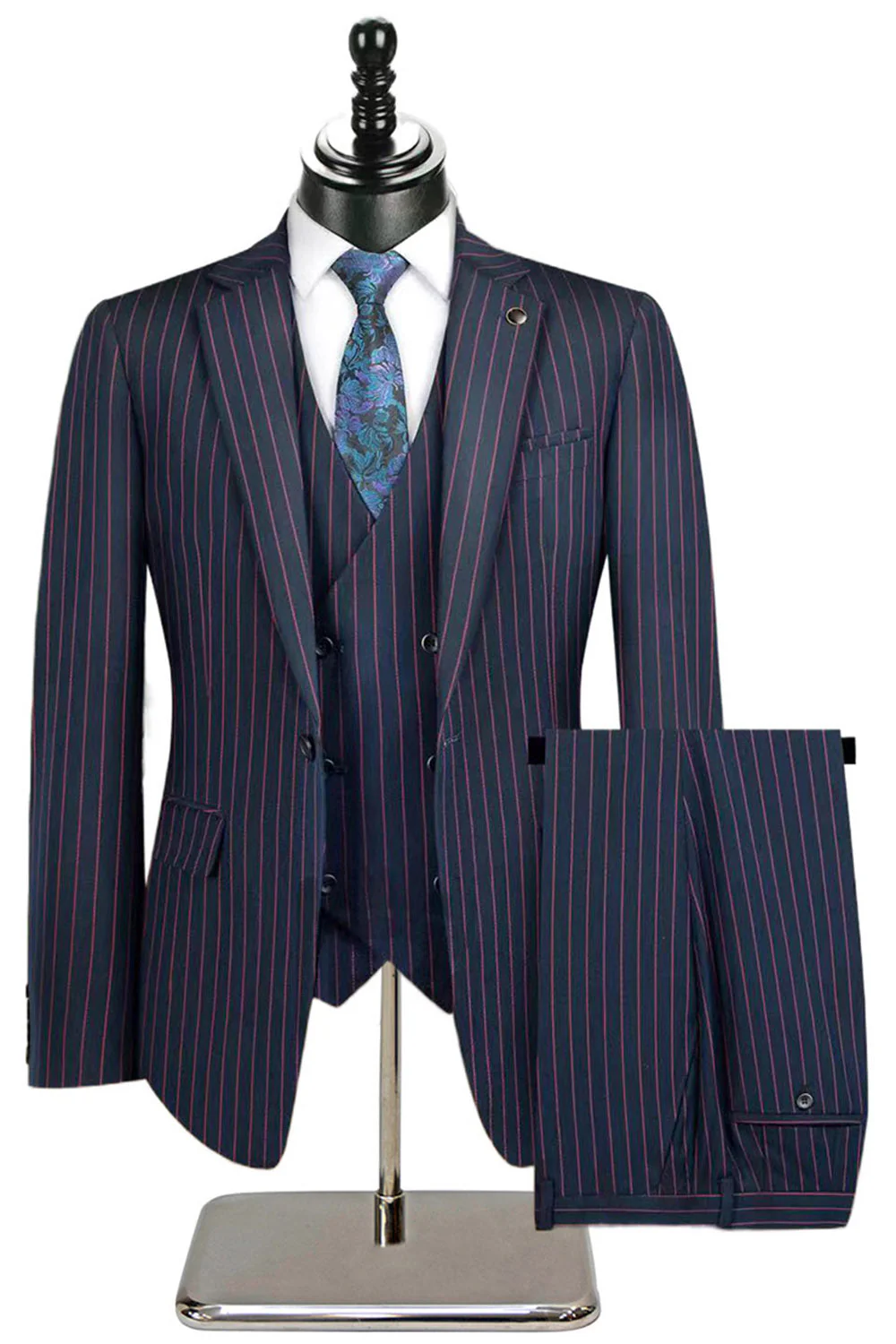 Costumes 3 pièces à revers crantés à rayures beiges pour hommes - Image 11