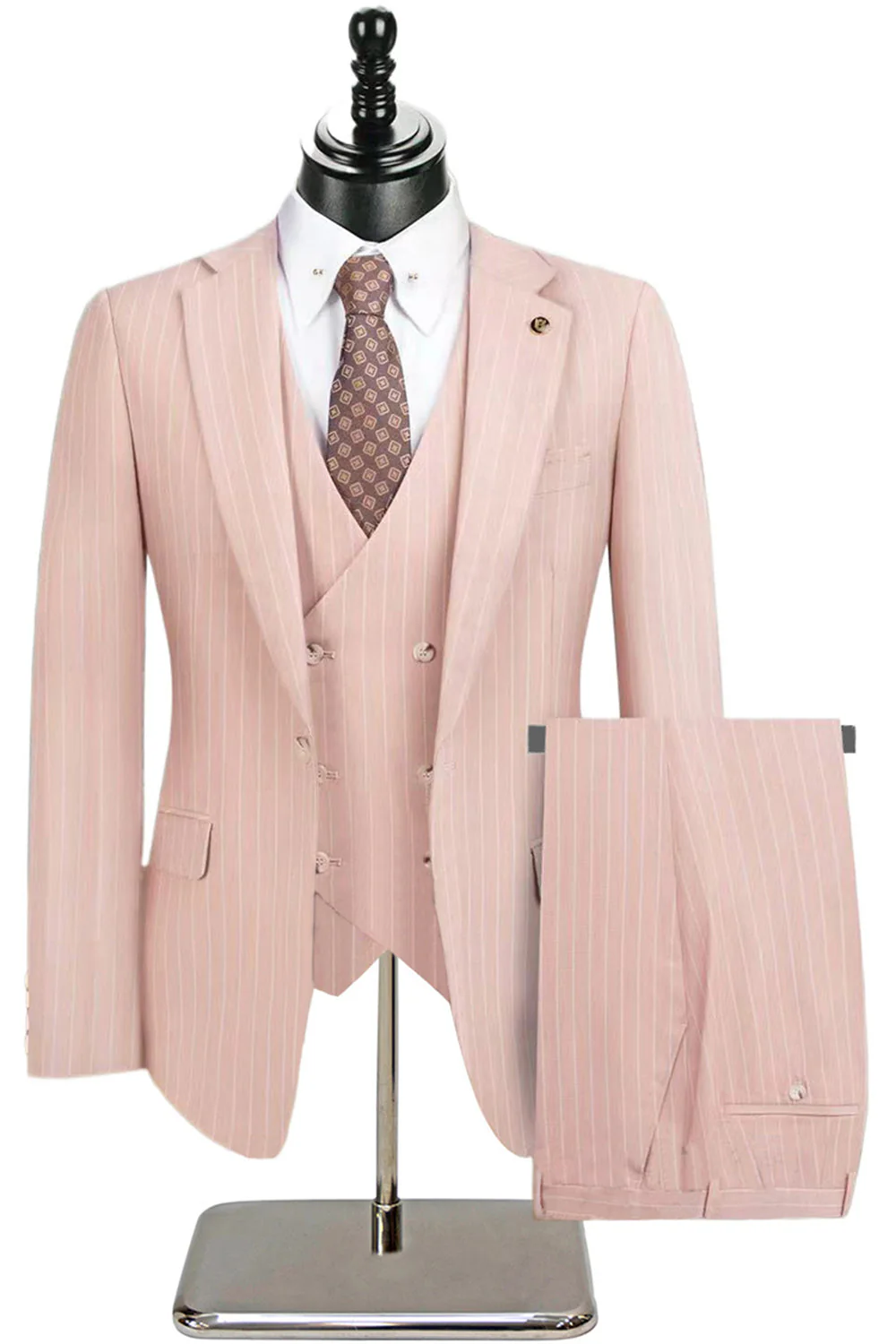 Costumes 3 pièces à revers crantés à rayures beiges pour hommes - Image 12