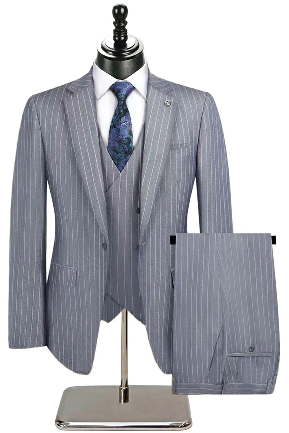 Costumes 3 pièces à revers crantés à rayures beiges pour hommes - Image 13