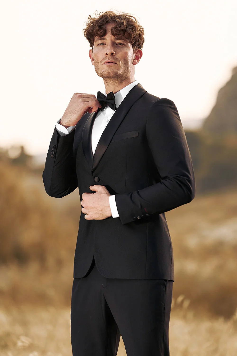 Costumes 3 pièces noirs à revers châle slim fit pour hommes - Image 6