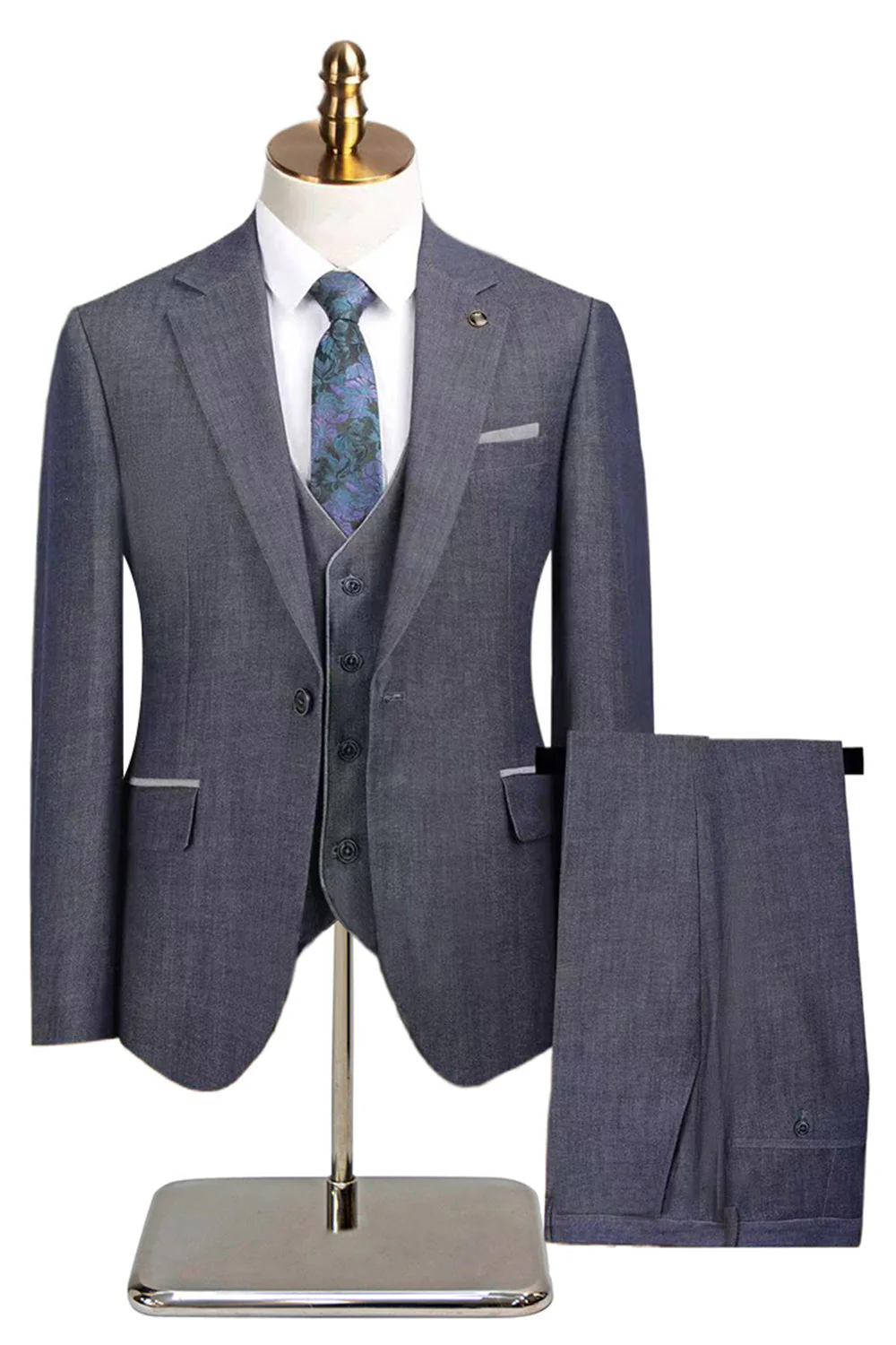 Costumes bleu marine 3 pièces à revers cranté un bouton pour hommes - Image 12