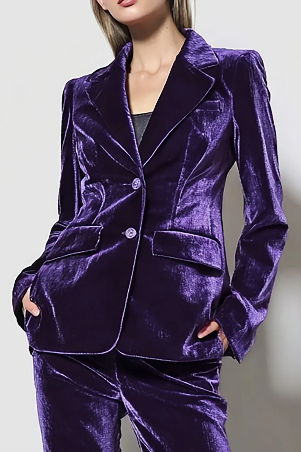 Costumes d’affaires 2 pièces en velours violet foncé à revers crantés - Image 2
