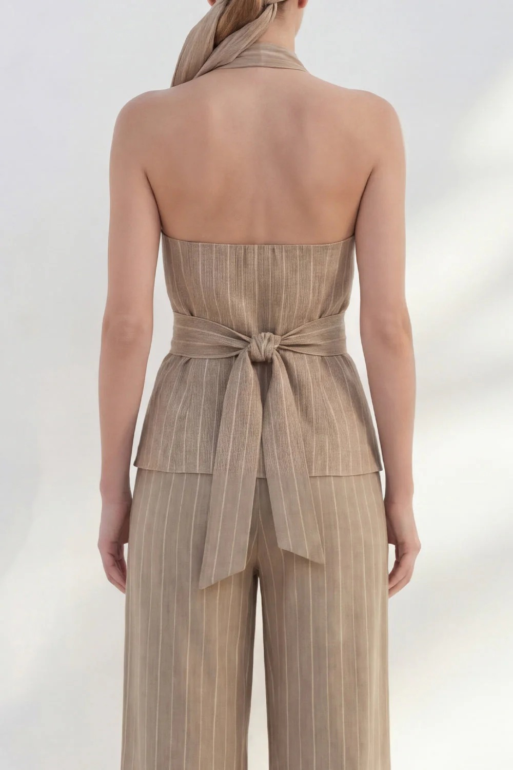 Costumes d’affaires à jambes larges rayées en 2 pièces en kaki avec ceinture - Image 4