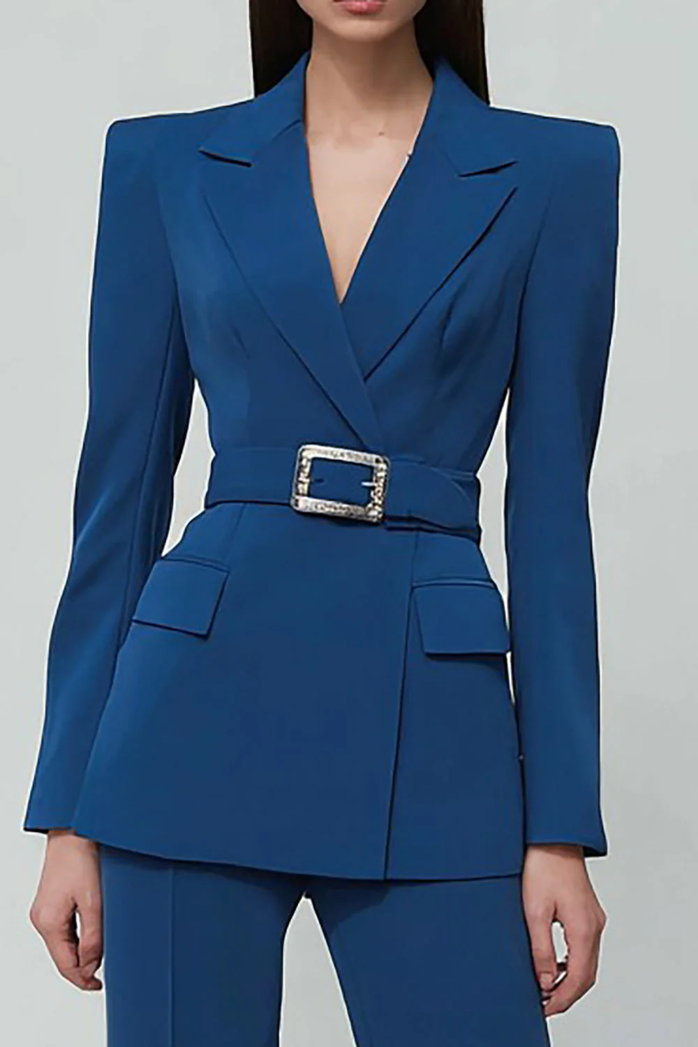 Costumes d’affaires féminins bleu foncé à revers cranté en deux pièces avec ceinture - Image 2