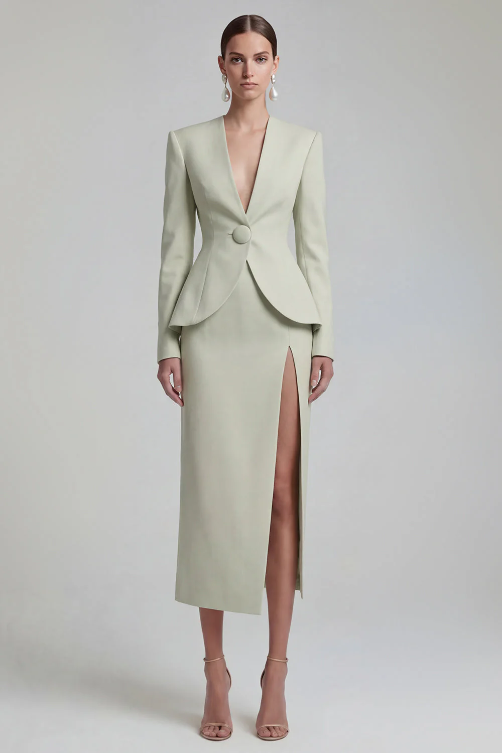 Costumes d’affaires verts 2 pièces à simple boutonnage à revers à jambes larges avec fente