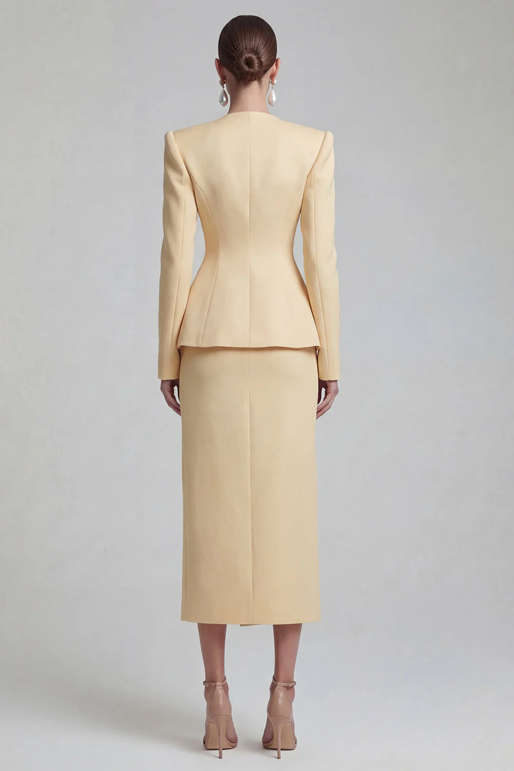 Costumes d’affaires verts 2 pièces à simple boutonnage à revers à jambes larges avec fente - Image 10