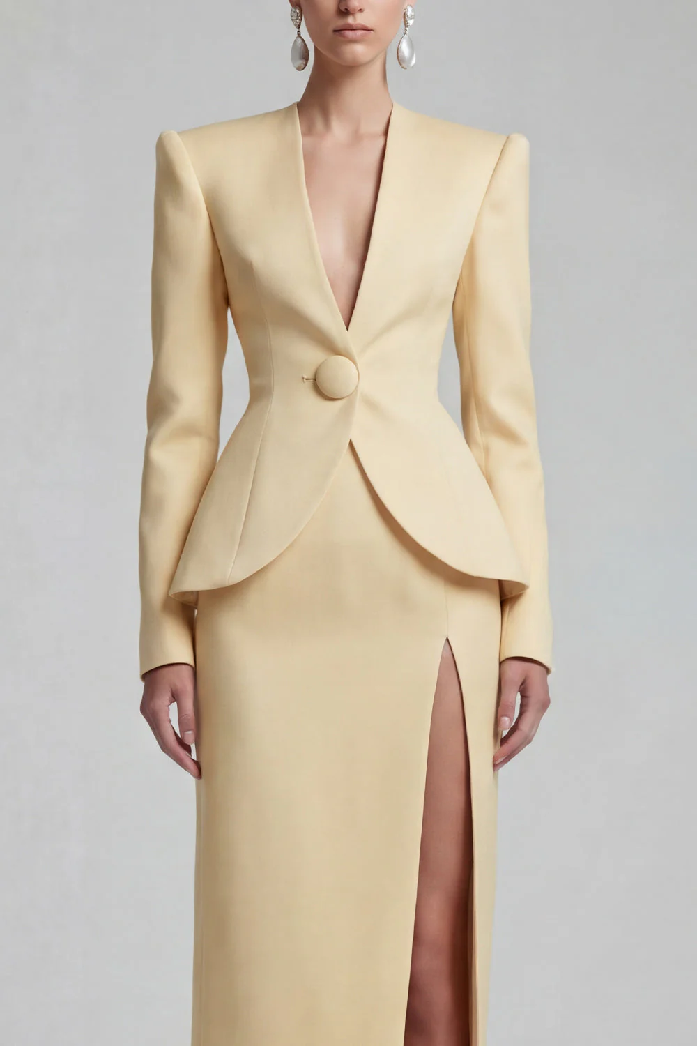 Costumes d’affaires verts 2 pièces à simple boutonnage à revers à jambes larges avec fente - Image 11