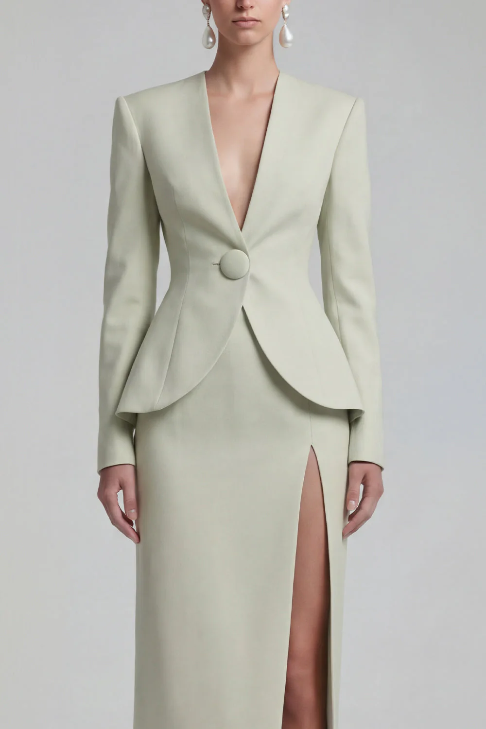 Costumes d’affaires verts 2 pièces à simple boutonnage à revers à jambes larges avec fente - Image 3