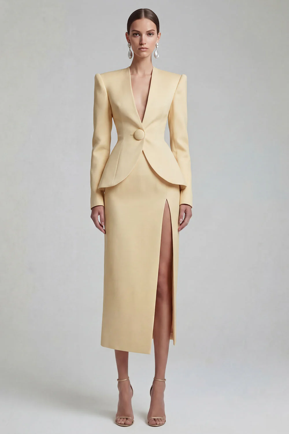 Costumes d’affaires verts 2 pièces à simple boutonnage à revers à jambes larges avec fente - Image 9
