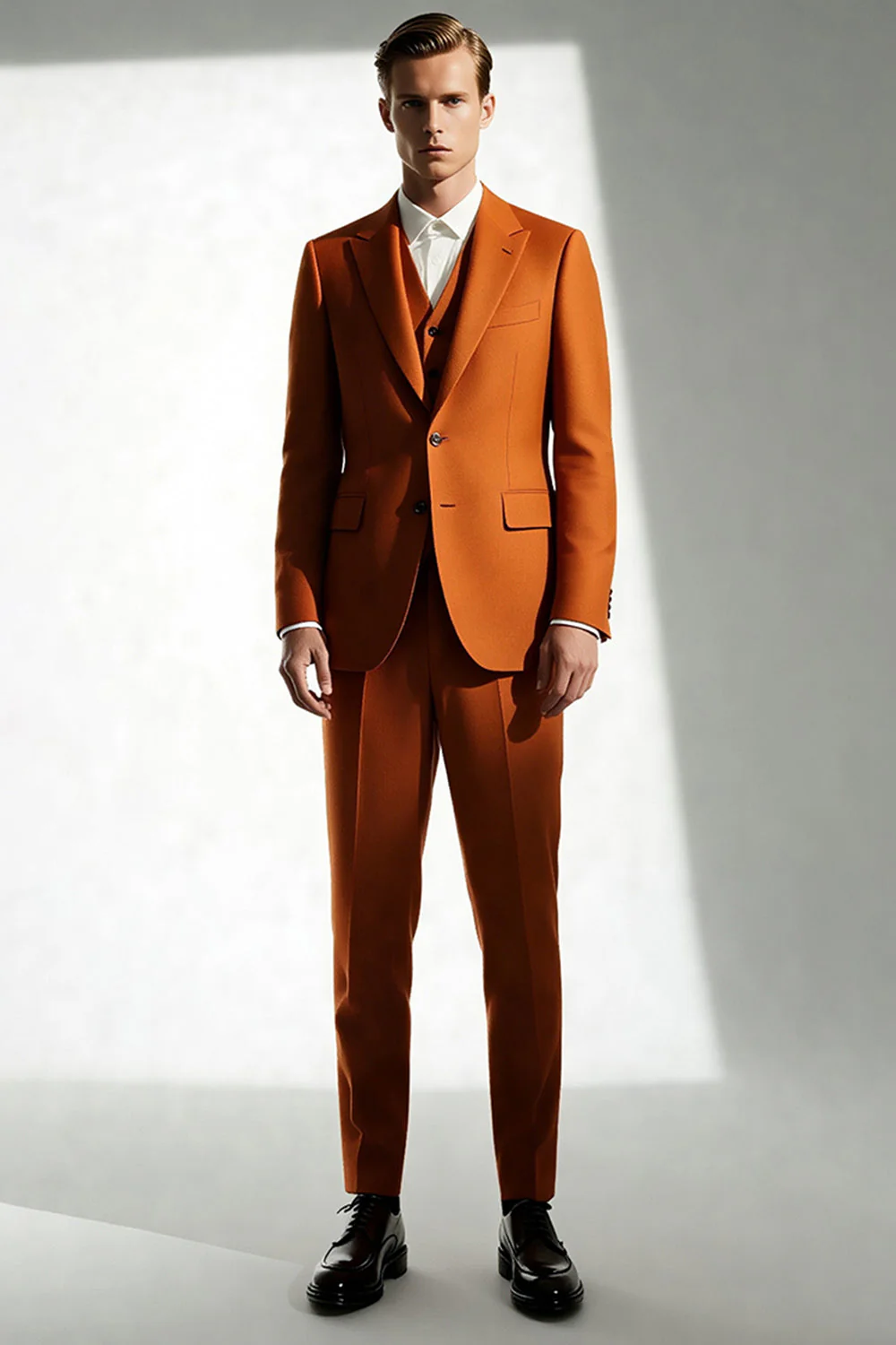 Costumes de bal 2 pièces orange foncé à revers en pointe pour hommes